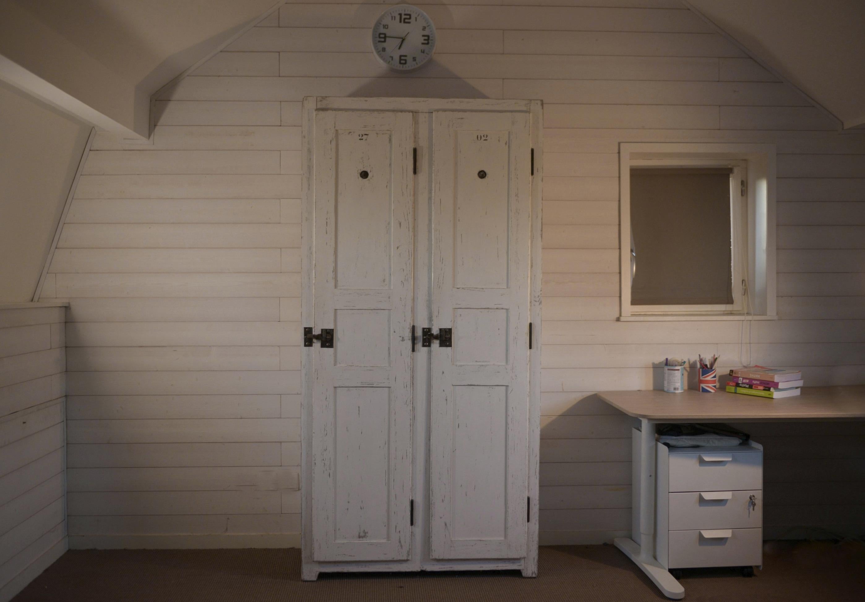 Mid-20th Century Armoire 2 portes ancien vestiaire en bois patine blanche 1950's For Sale
