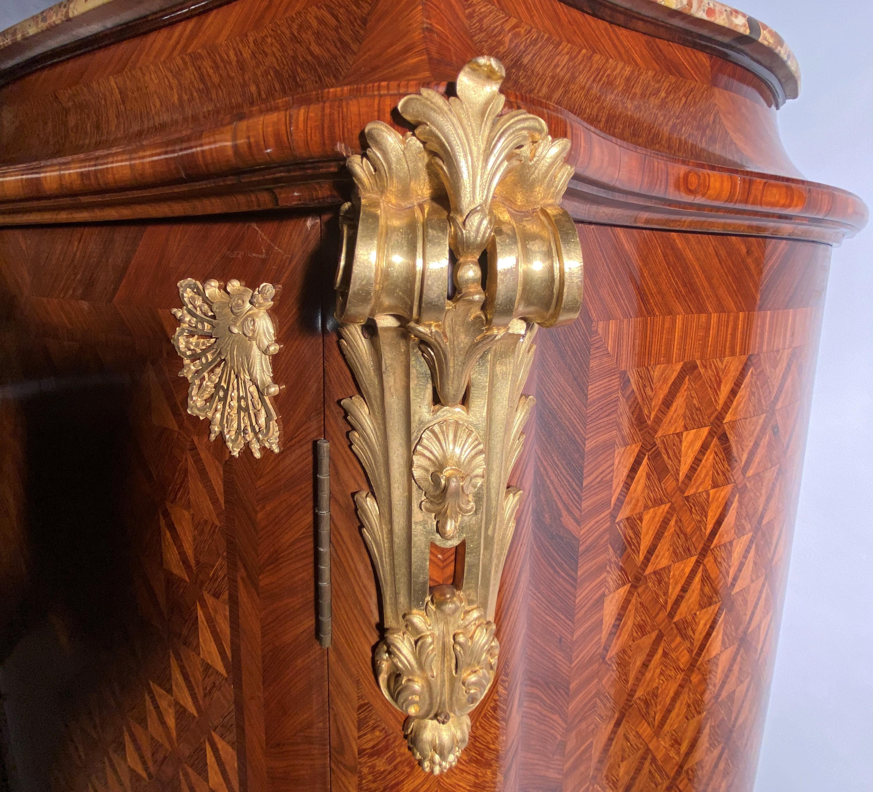 Bronzed Curved low cabinet in Napoleon III Regency style braces marquetry XIXth century For Sale