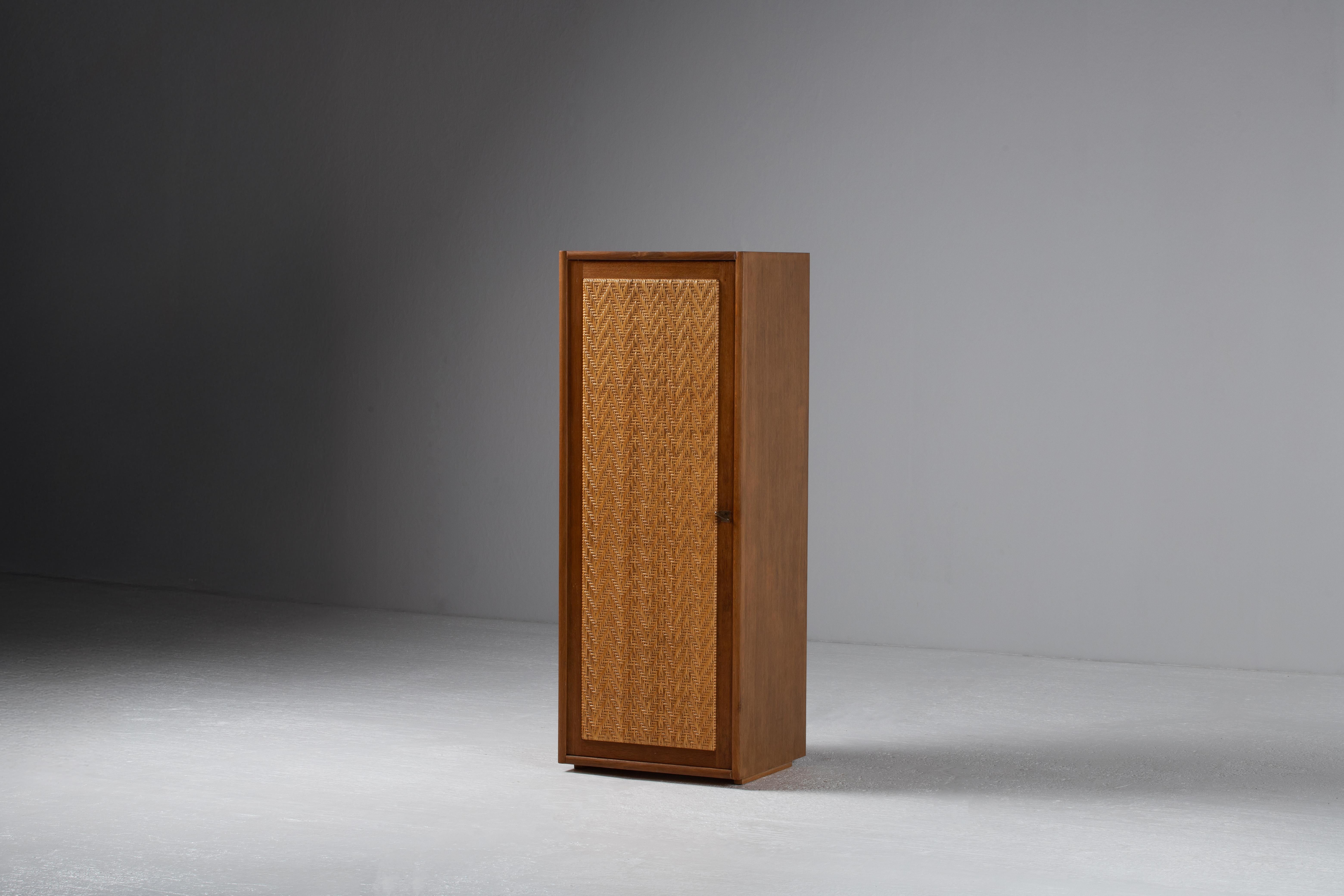 Mid-Century Modern Armoire in Teak and Woven Rattan, France, 1960 For Sale