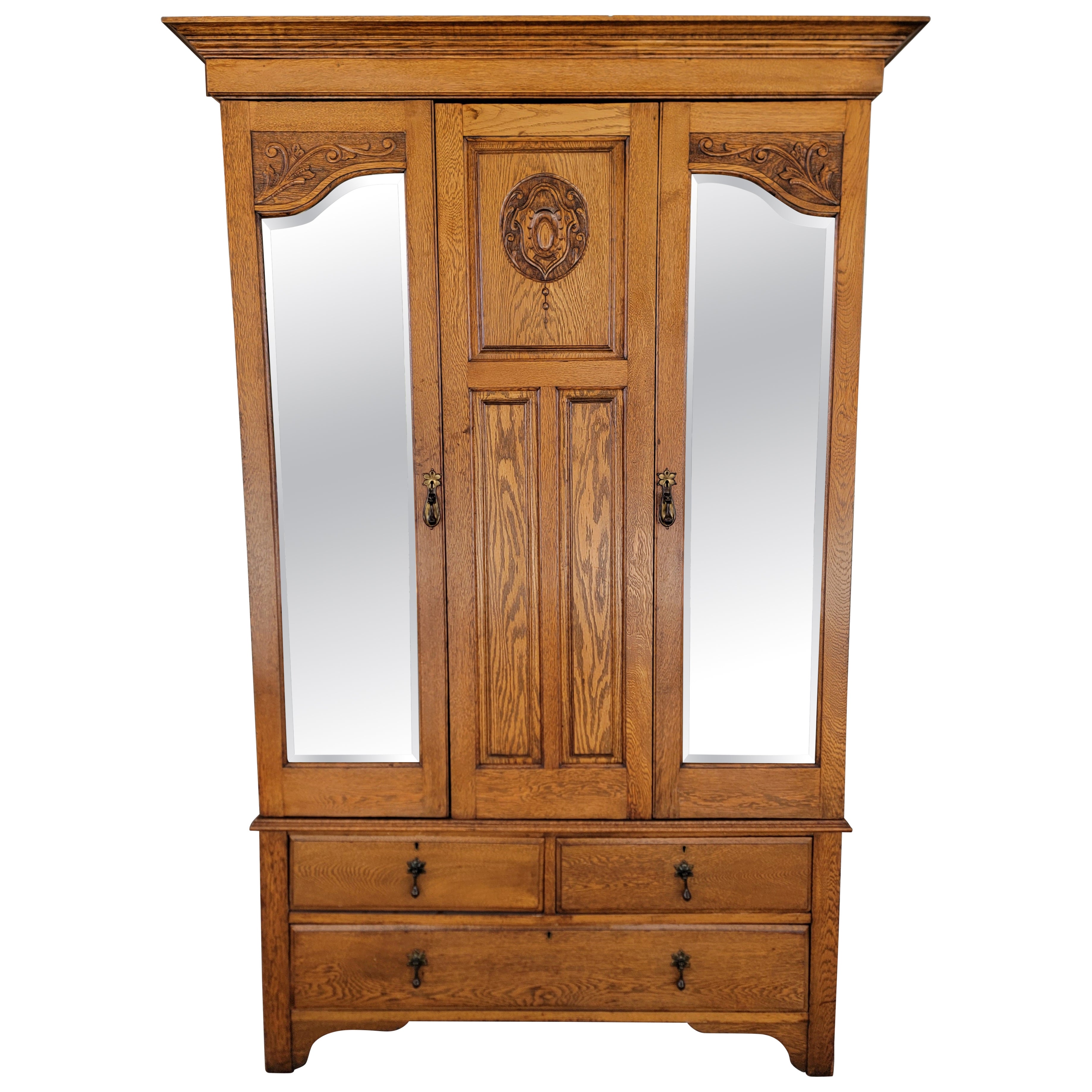 Antique Armoire / Wardrobe English Oak with Beveled Mirror Doors