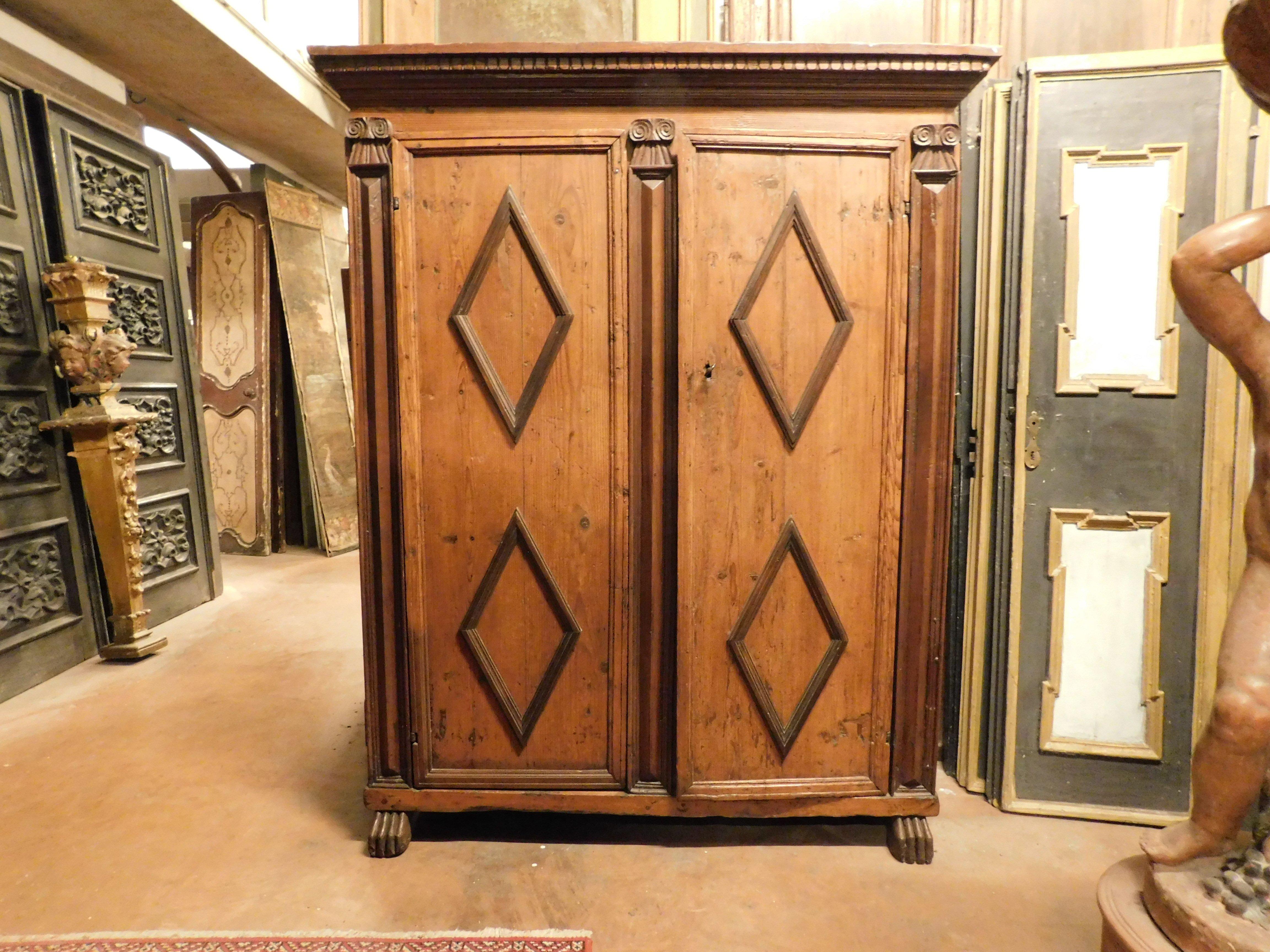 Hand-Carved Armoires wardrobe in larch wood with two doors with carved rhombuses, Italy For Sale