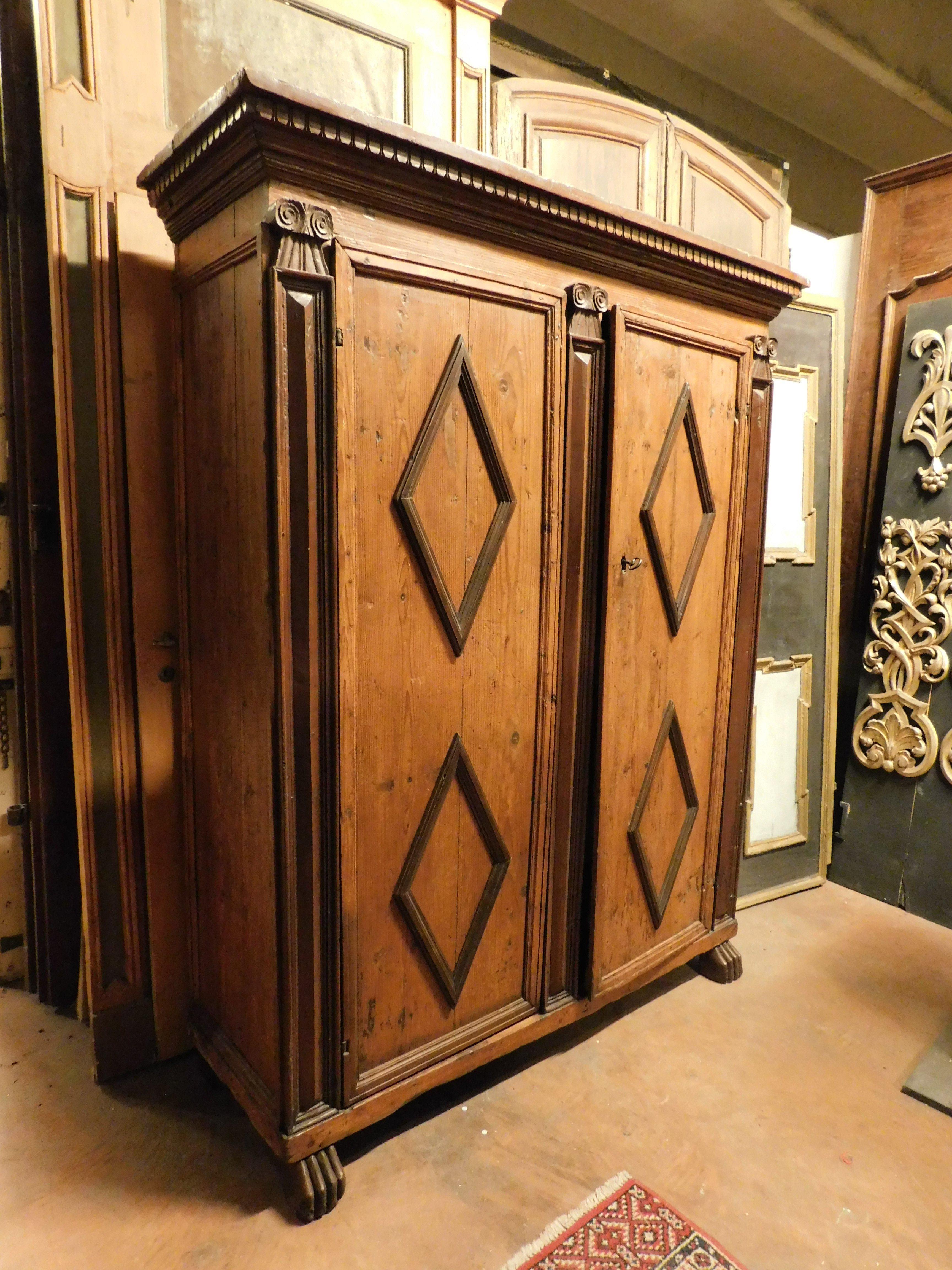 Pine Armoires wardrobe in larch wood with two doors with carved rhombuses, Italy For Sale