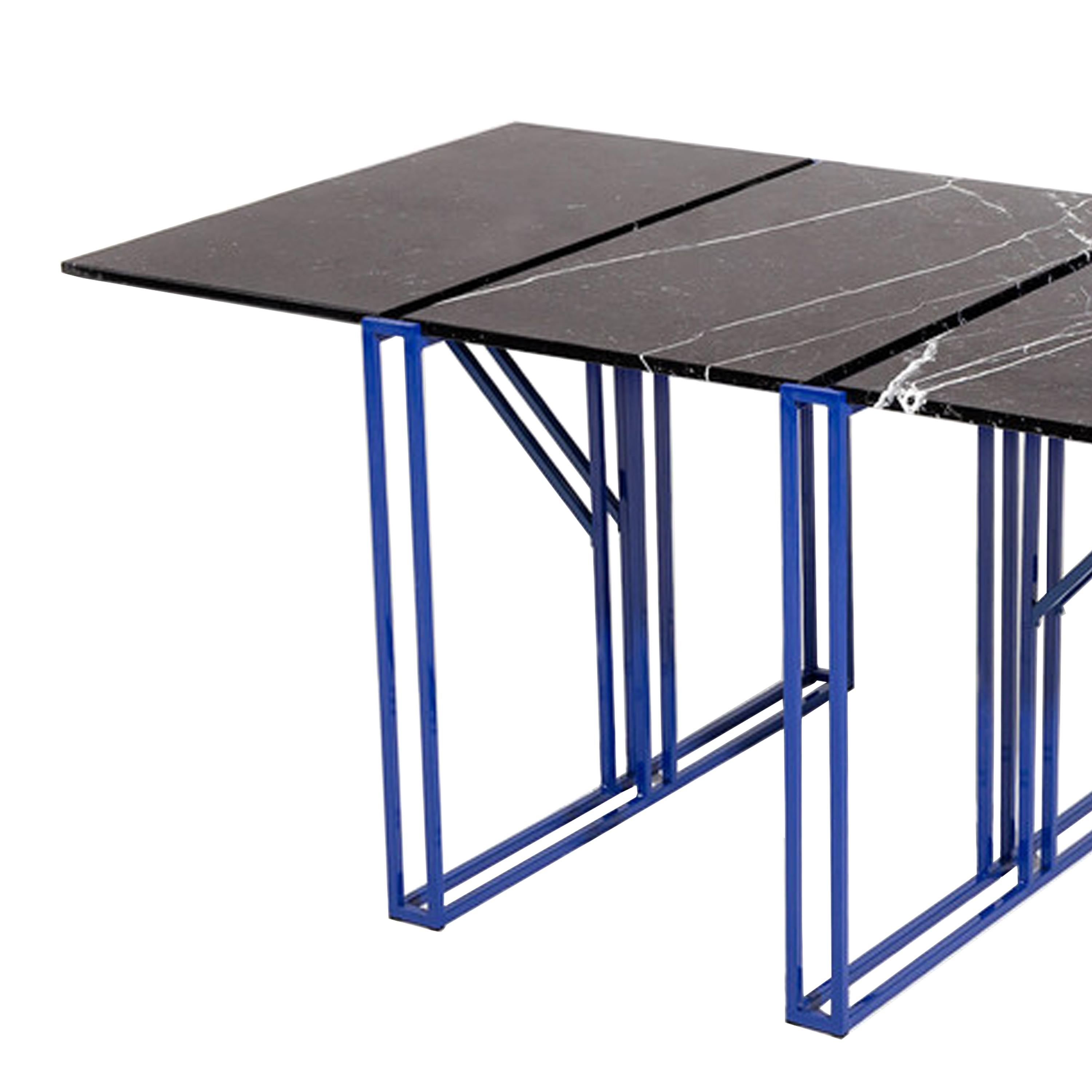dining table designed by Ángel Armombiedro. Rectangular metal blue lacquered structure and natural black Marquina marbel top.