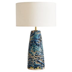 Ein von einer Art handgefertigte Keramik Tischlampe blau Glasur mit Leinen Lampenschirm