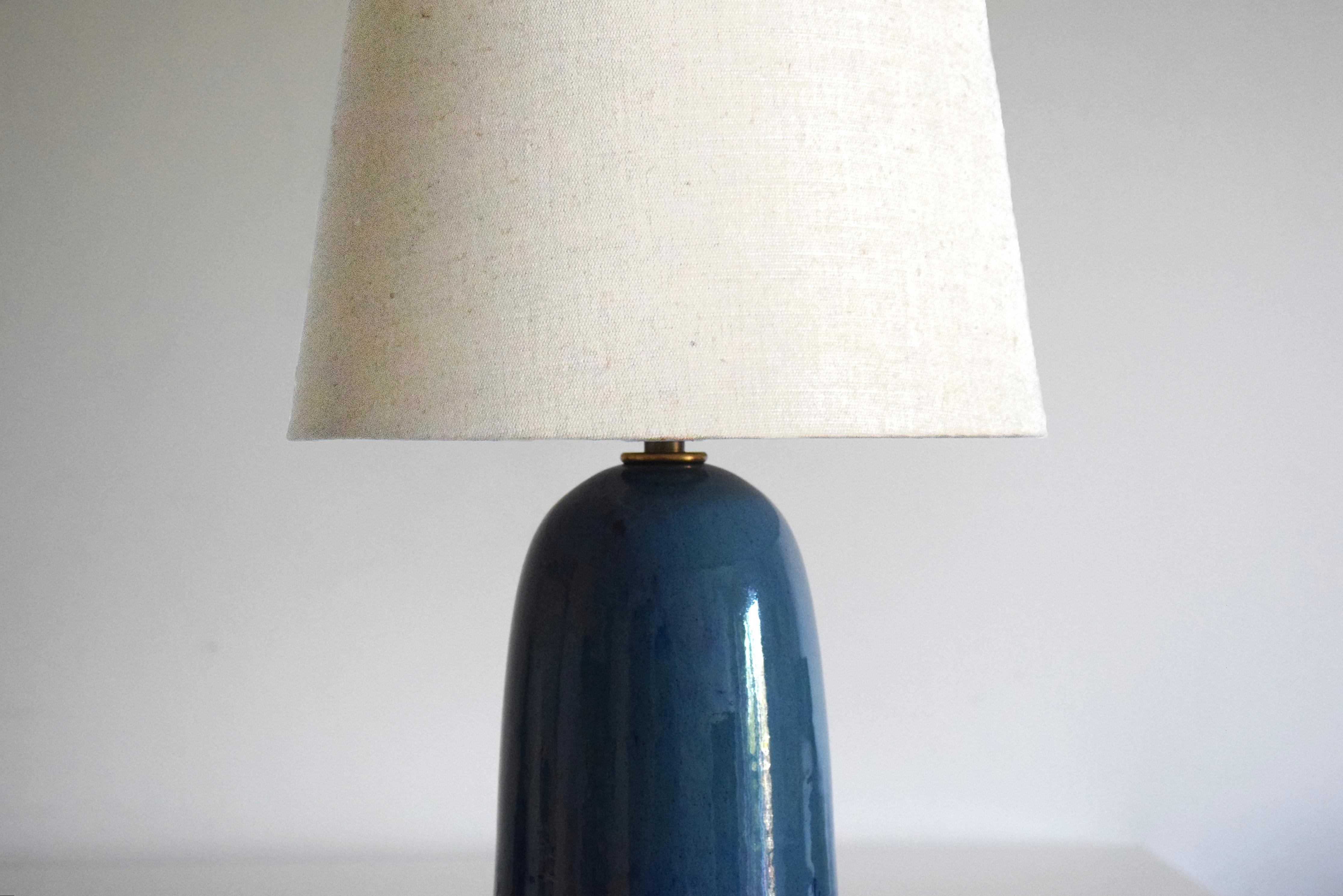 Portuguese Armona - Handmade Ceramic Table Lamp Marine Blue With Tapered Lampshade For Sale