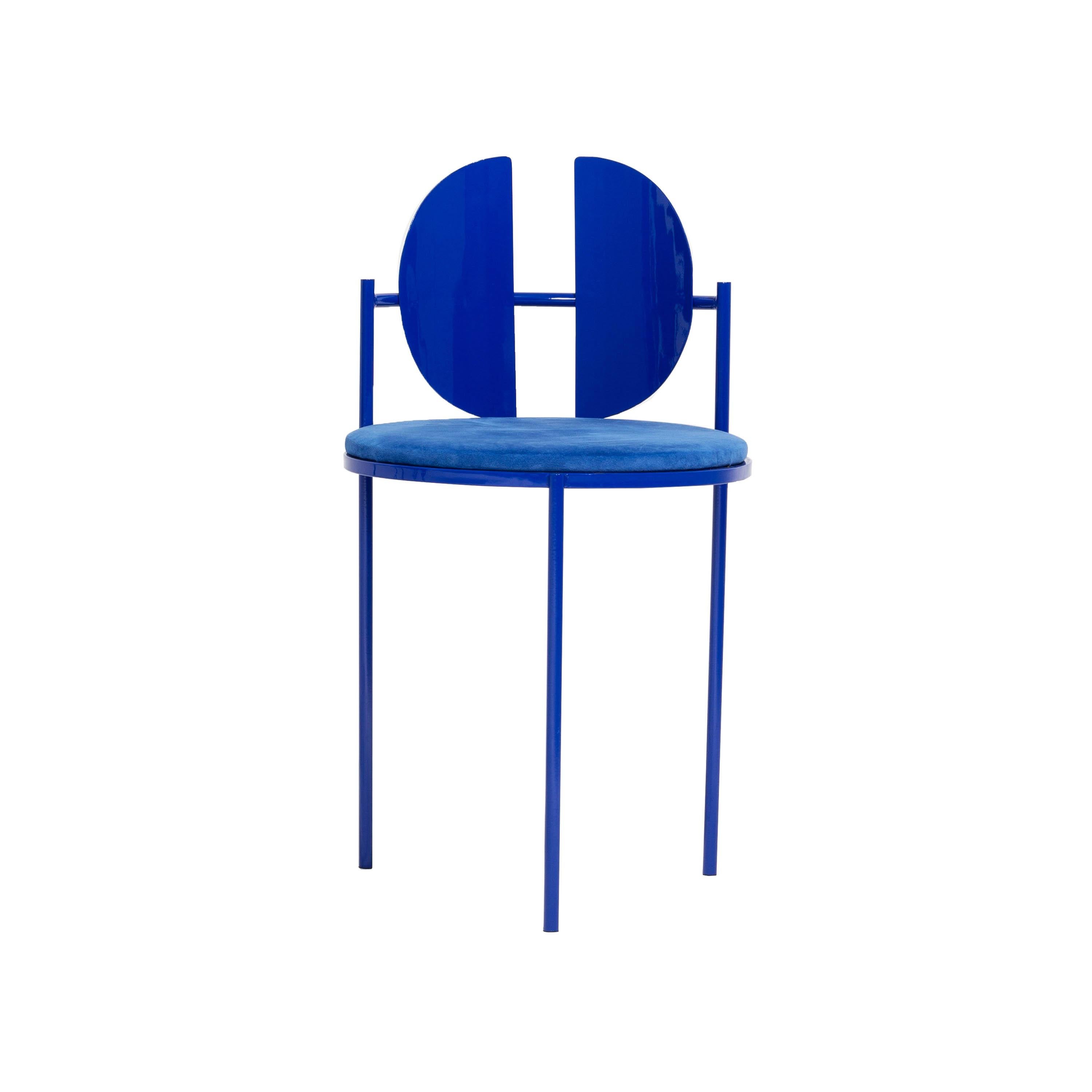 Contemporary dining chair designed by Armombiedro Studio. Metallic structure with blue lacquered finish. Upholstery on seat matching color.
 