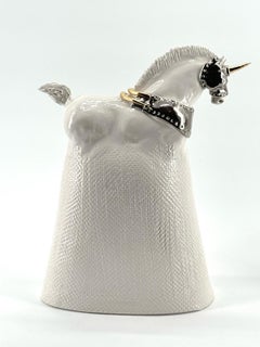 Armor Horse, Silver finish, Ceramic Centerpiece, Handmade Without Mold, Italy