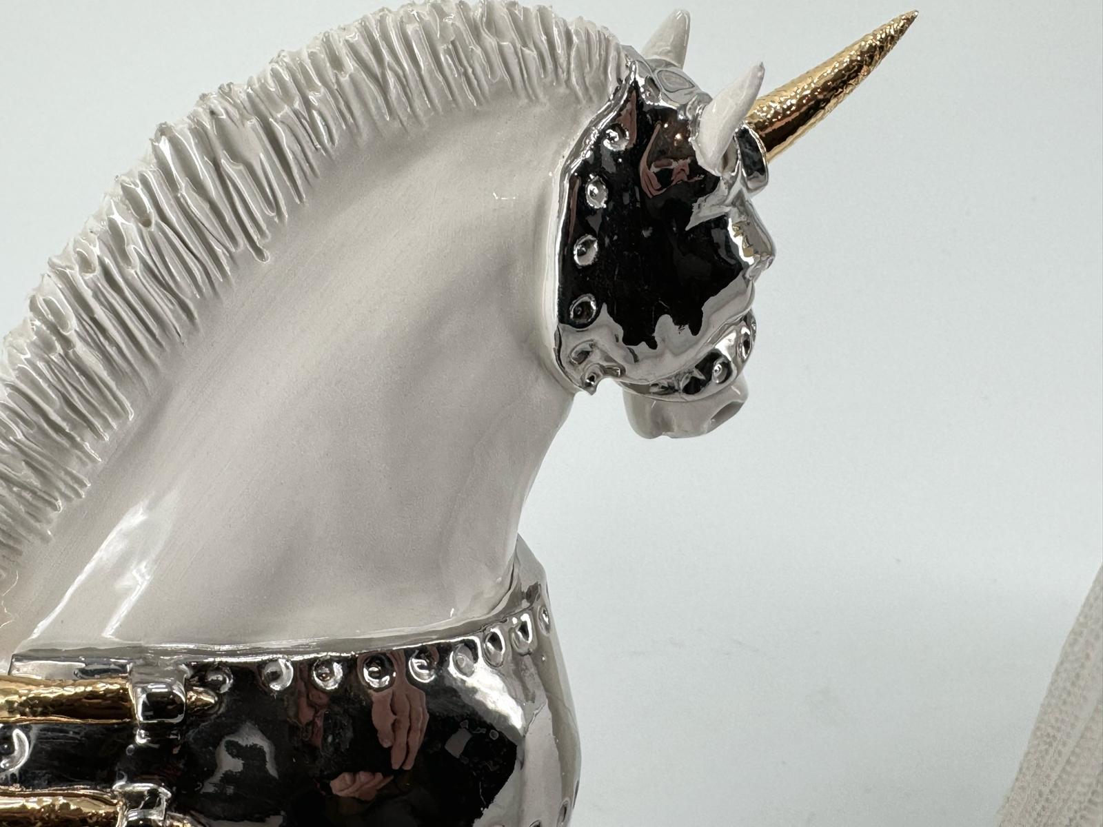 Italian Armor Horse, Silver finish, Ceramic Centerpiece, Handmade Without Mold, NEW 2024 For Sale