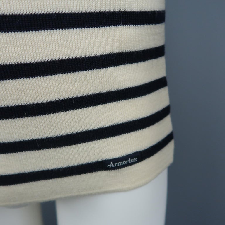 ARMOR-LUX Size M Cream and Navy Stripe Wool French Sailor Pullover Sweater  at 1stDibs