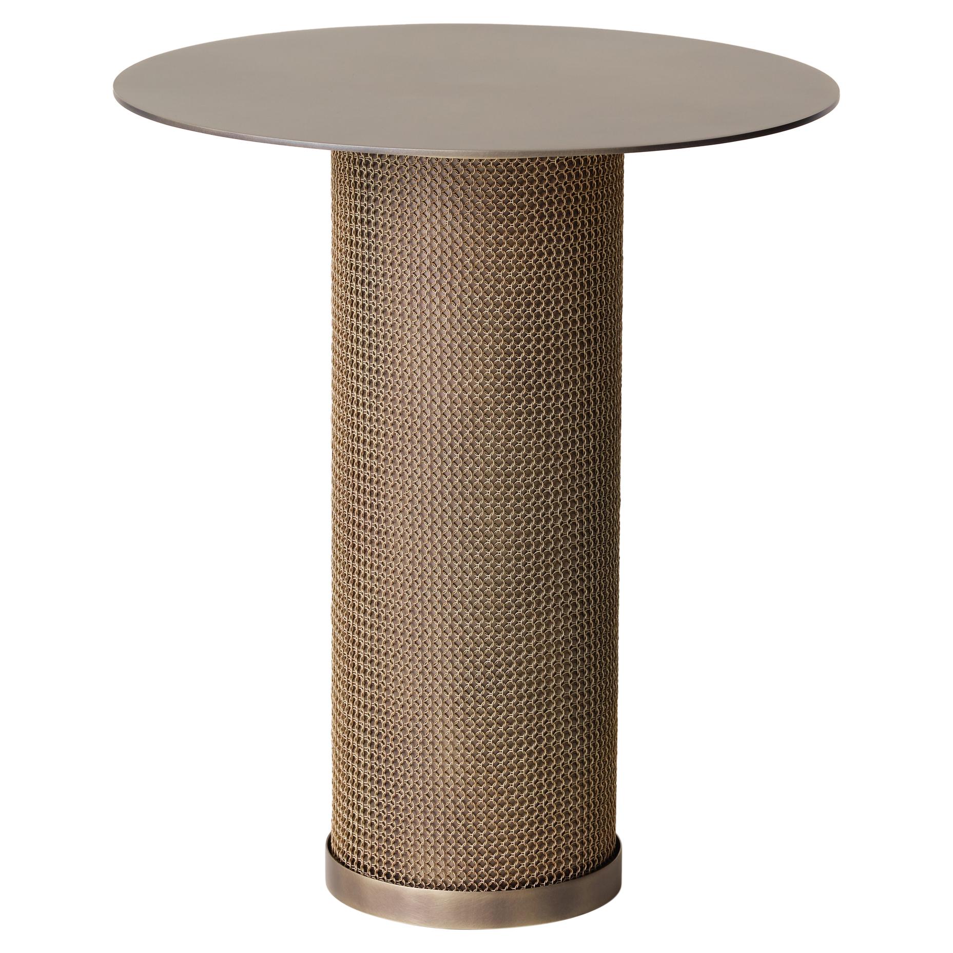 Konekt Armor Side Table Cylinder Small in Antique Brass with Chainmail