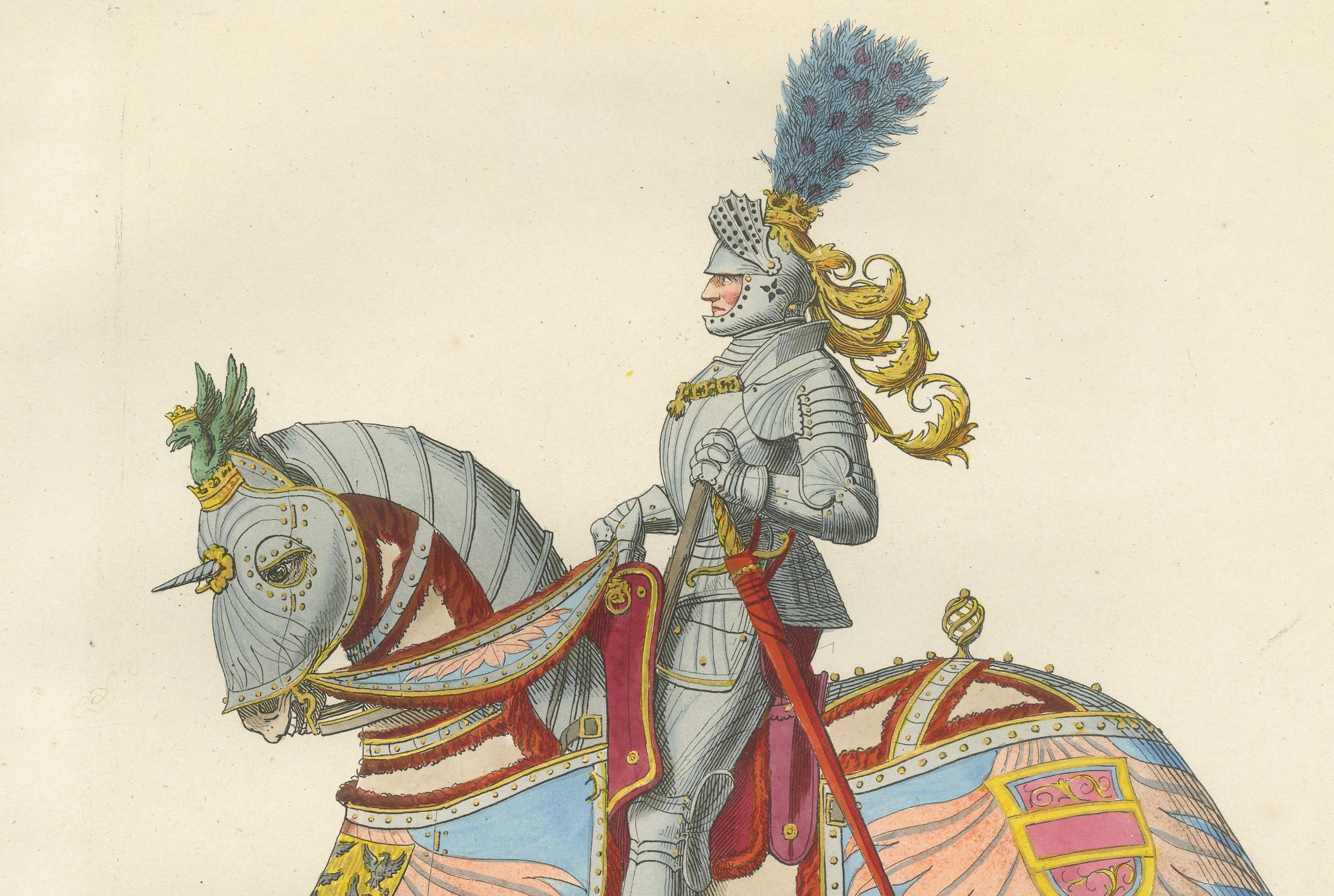 Armored Emperor Maximilian on Horseback in Ornate Renaissance Parade Dress

This richly detailed hand-colored print, numbered MCCCC No.74, depicts Emperor Maximilian I in full ceremonial armor, mounted on a splendidly caparisoned horse. It is a