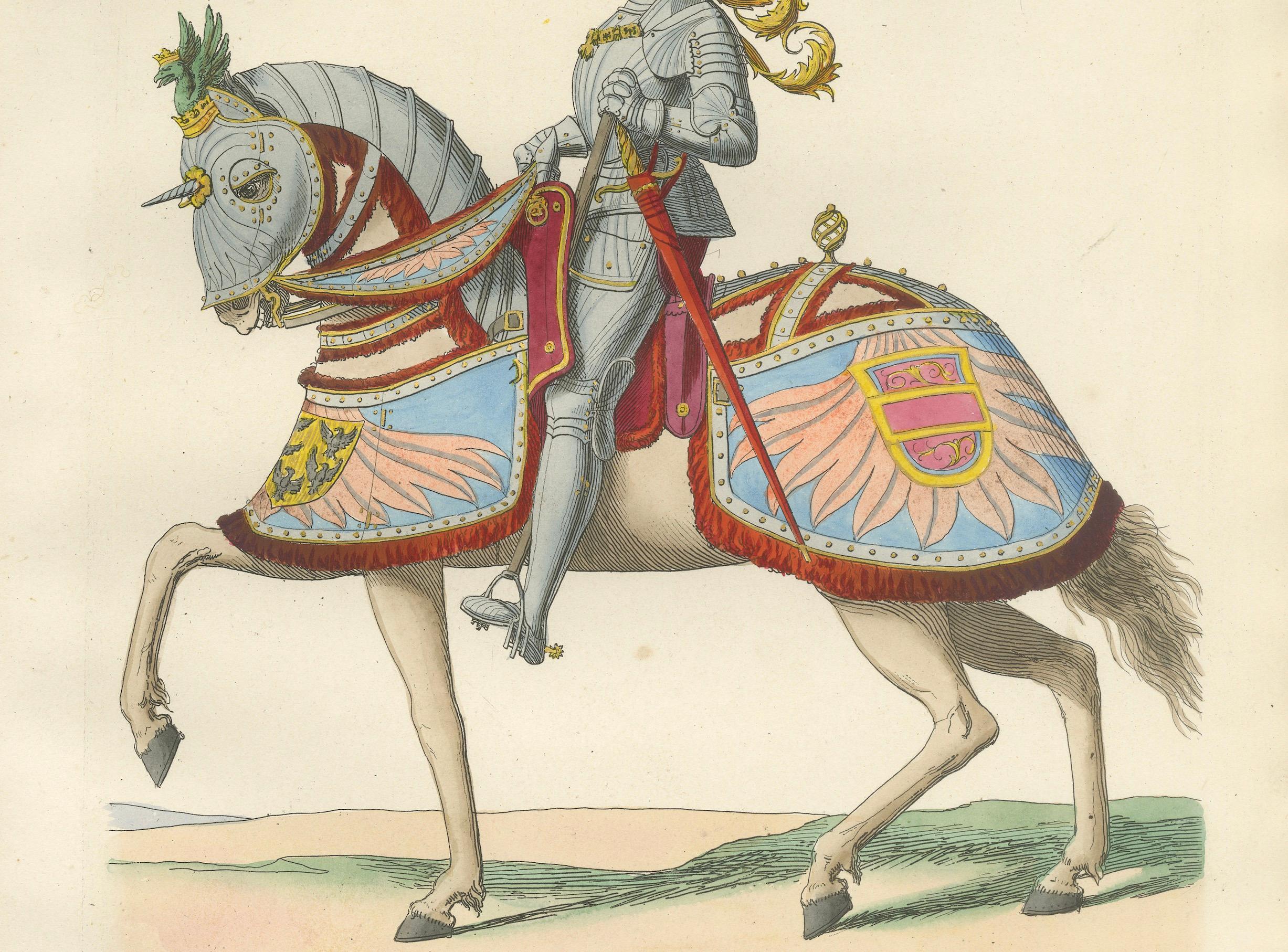 French Armored Emperor Maximilian on Horseback in Ornate Renaissance Parade Dress. 1845 For Sale