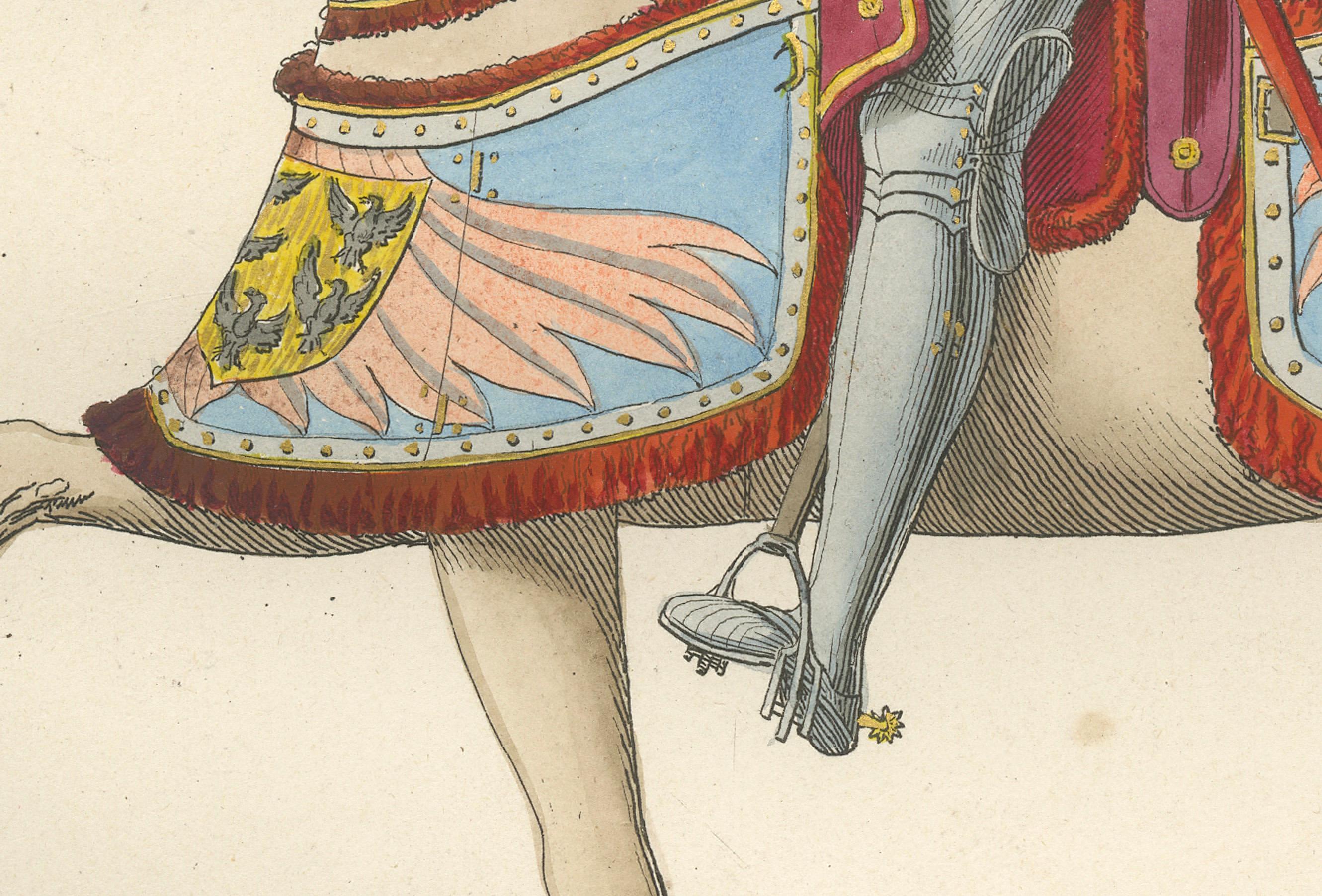 Armored Emperor Maximilian on Horseback in Ornate Renaissance Parade Dress. 1845 In Good Condition For Sale In Langweer, NL