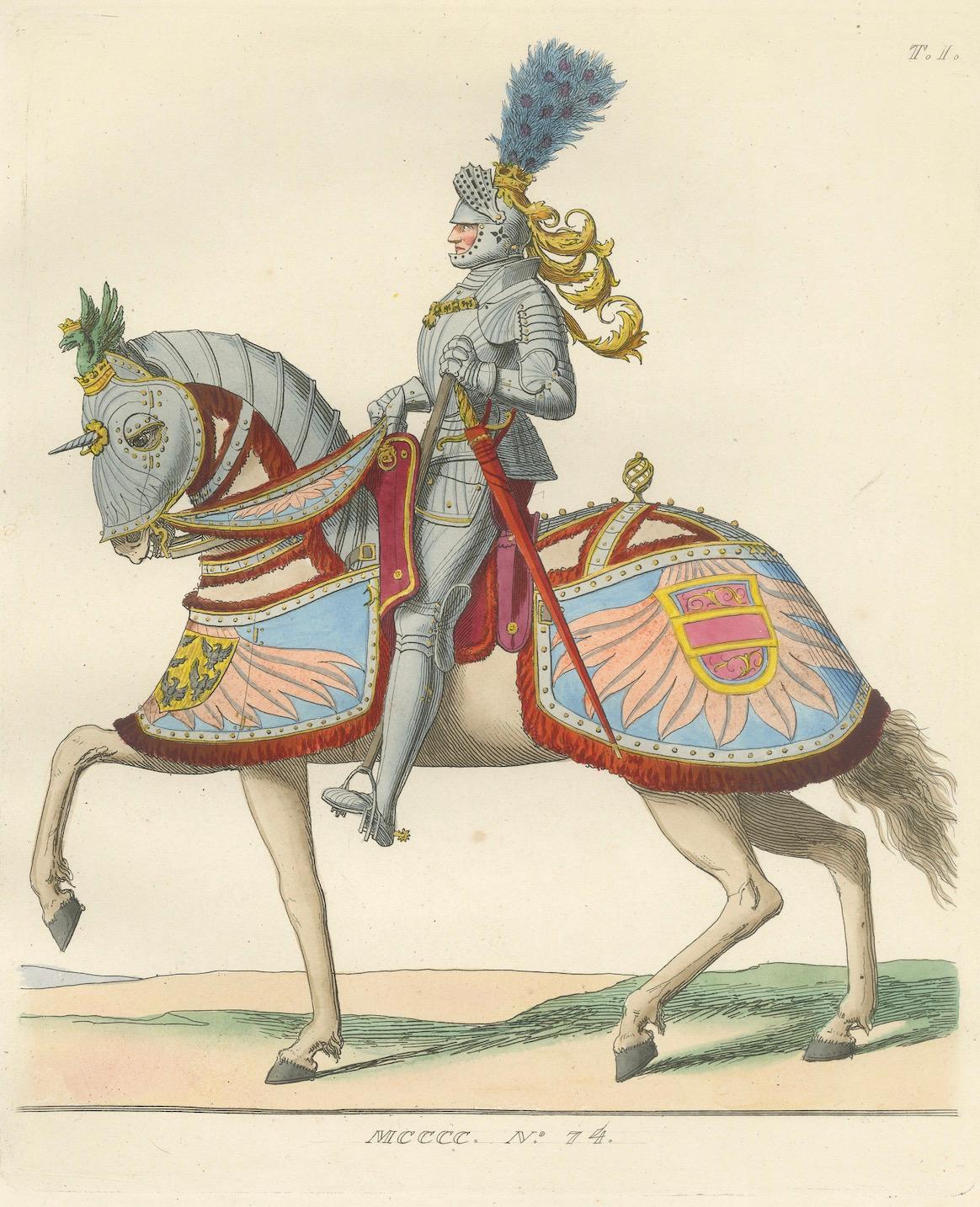Armored Emperor Maximilian on Horseback in Ornate Renaissance Parade Dress. 1845 For Sale 1