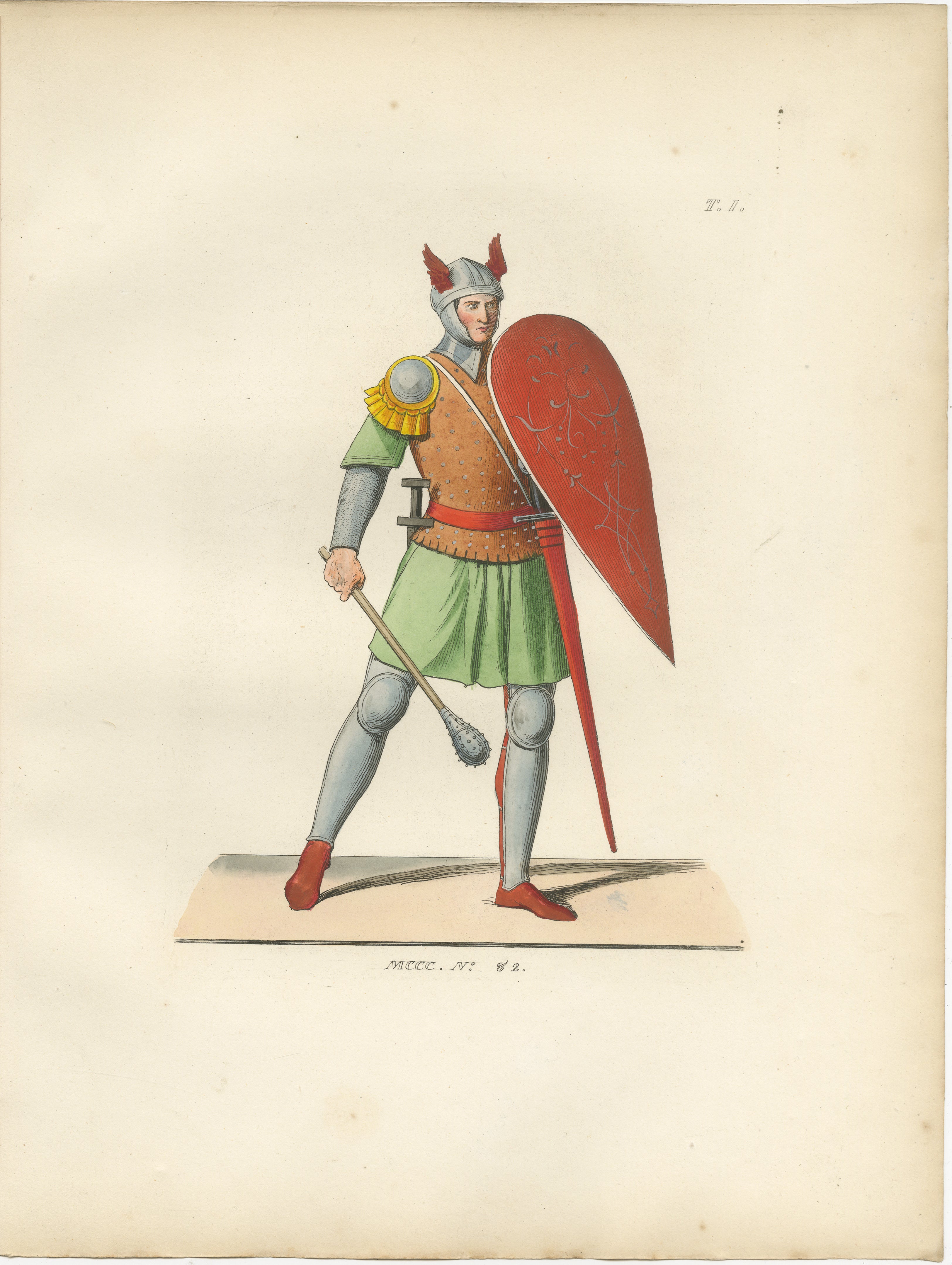 Caballero acorazado con casco alado y mayal, hacia 1400

Este vívido grabado coloreado a mano de la aclamada publicación Costumes Historiques des XIIIe, XIVe et XVe Siècles, de 1845, capta la imagen icónica de un caballero europeo del siglo XV con