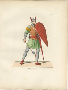Armored Knight c.1400 with Winged Helmet – Antique Print Published 1845