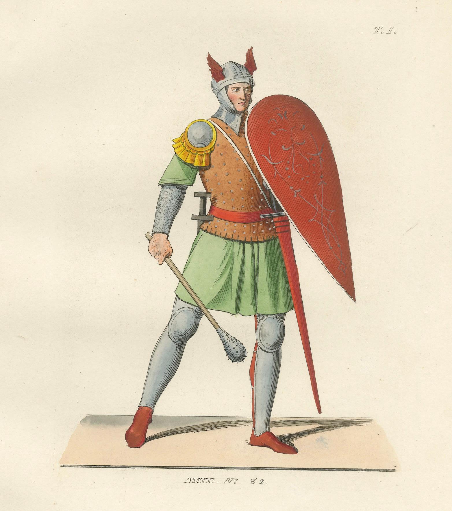 Caballero acorazado c.1400 con casco alado - Grabado antiguo publicado en 1845 Francés en venta