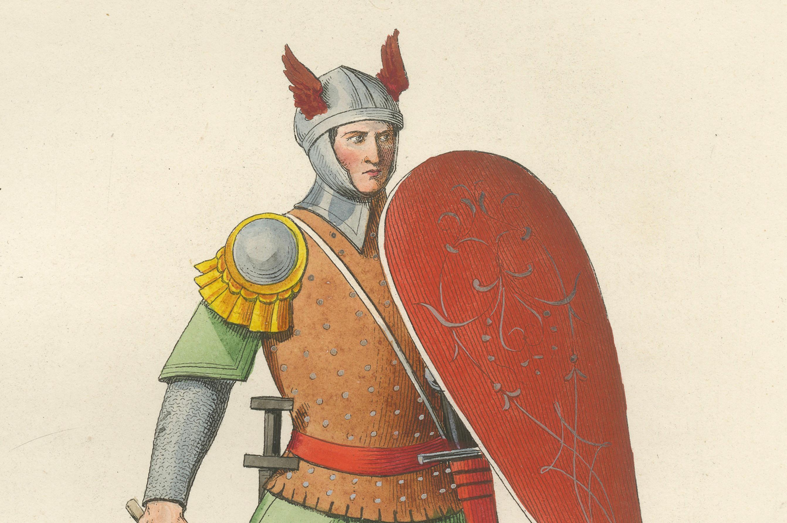 Caballero acorazado c.1400 con casco alado - Grabado antiguo publicado en 1845 en Bueno estado para la venta en Langweer, NL