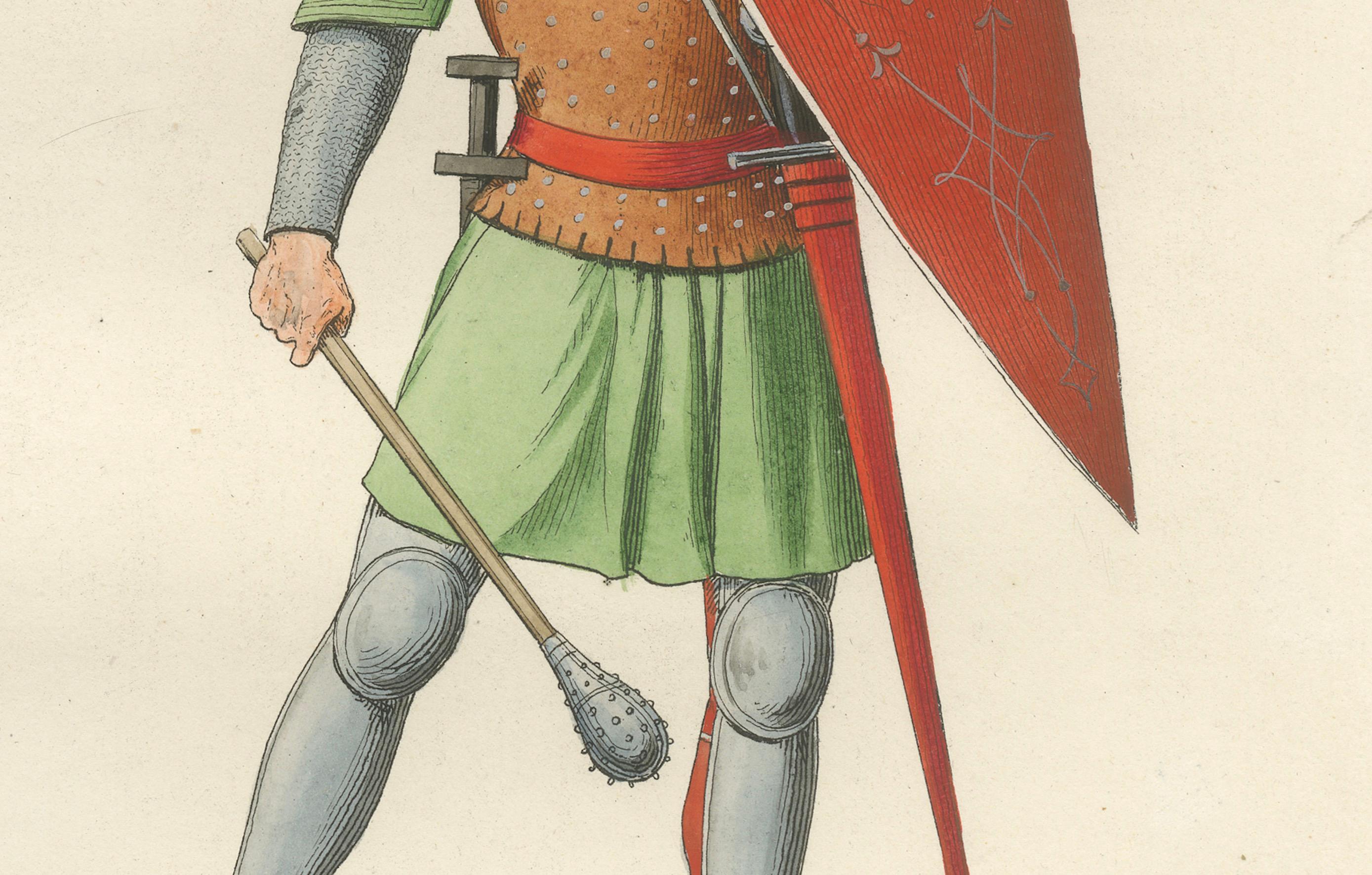 Caballero acorazado c.1400 con casco alado - Grabado antiguo publicado en 1845 siglo XIX en venta