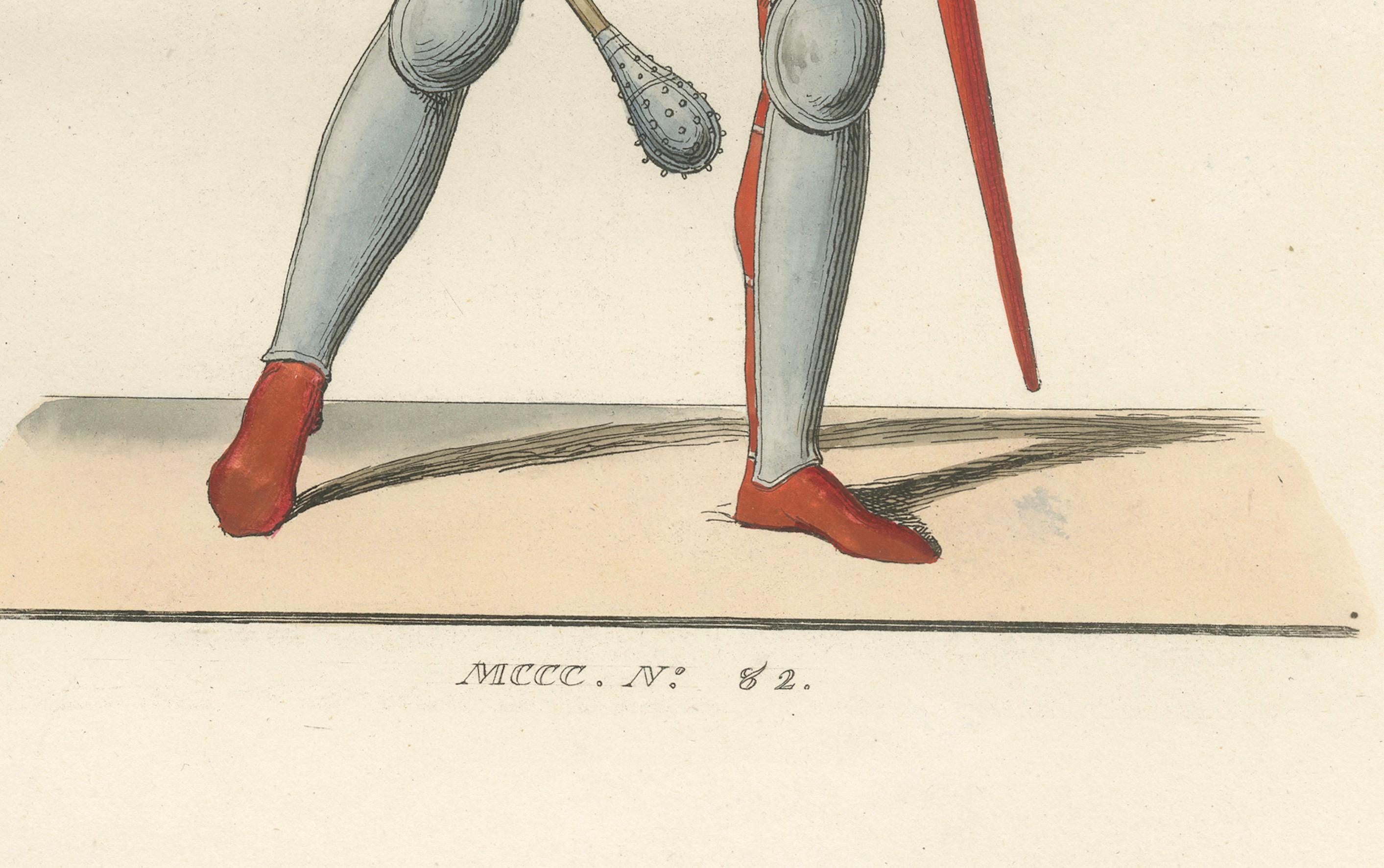 Caballero acorazado c.1400 con casco alado - Grabado antiguo publicado en 1845 Papel en venta