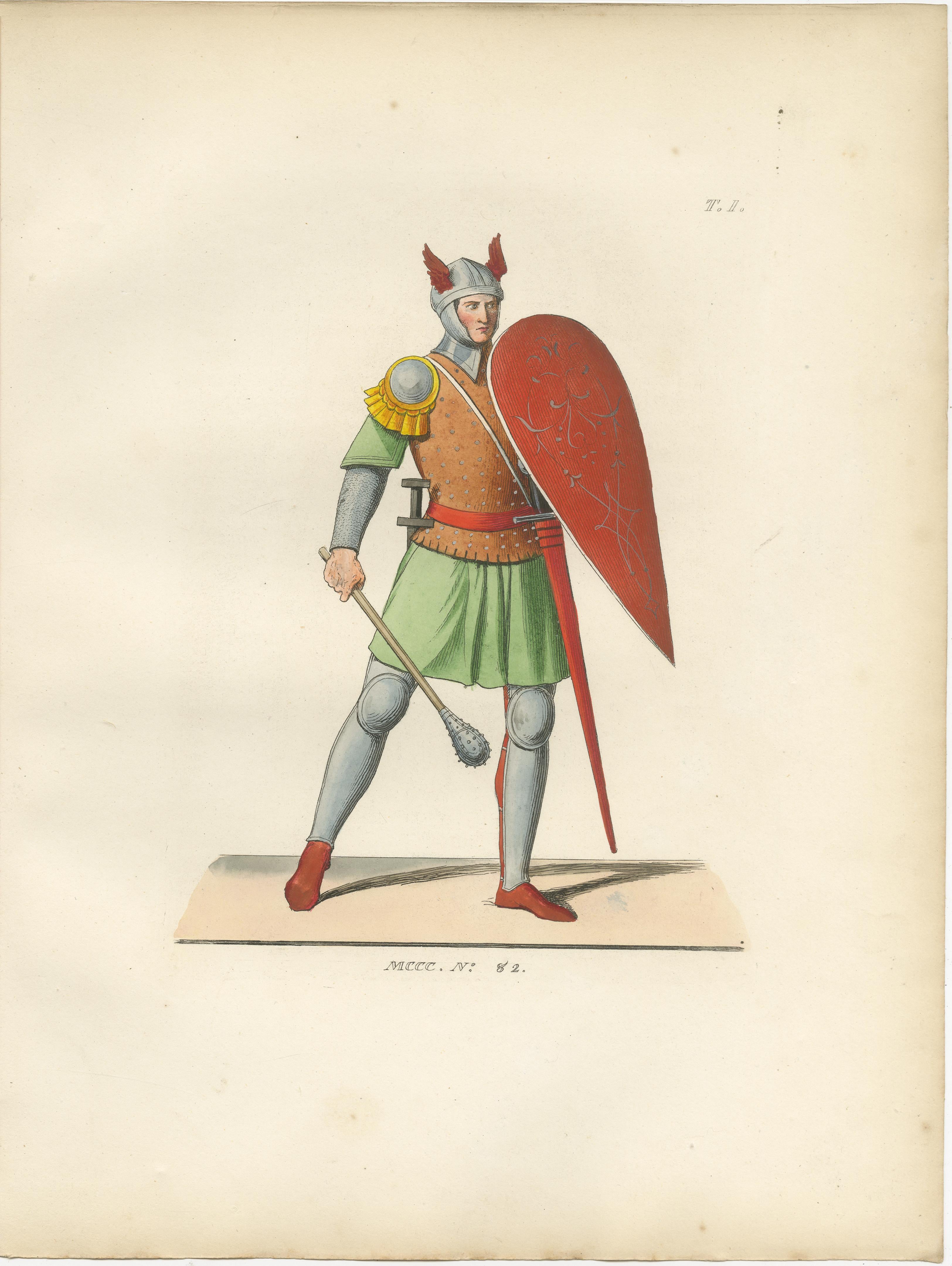 Caballero acorazado c.1400 con casco alado - Grabado antiguo publicado en 1845 en venta 1