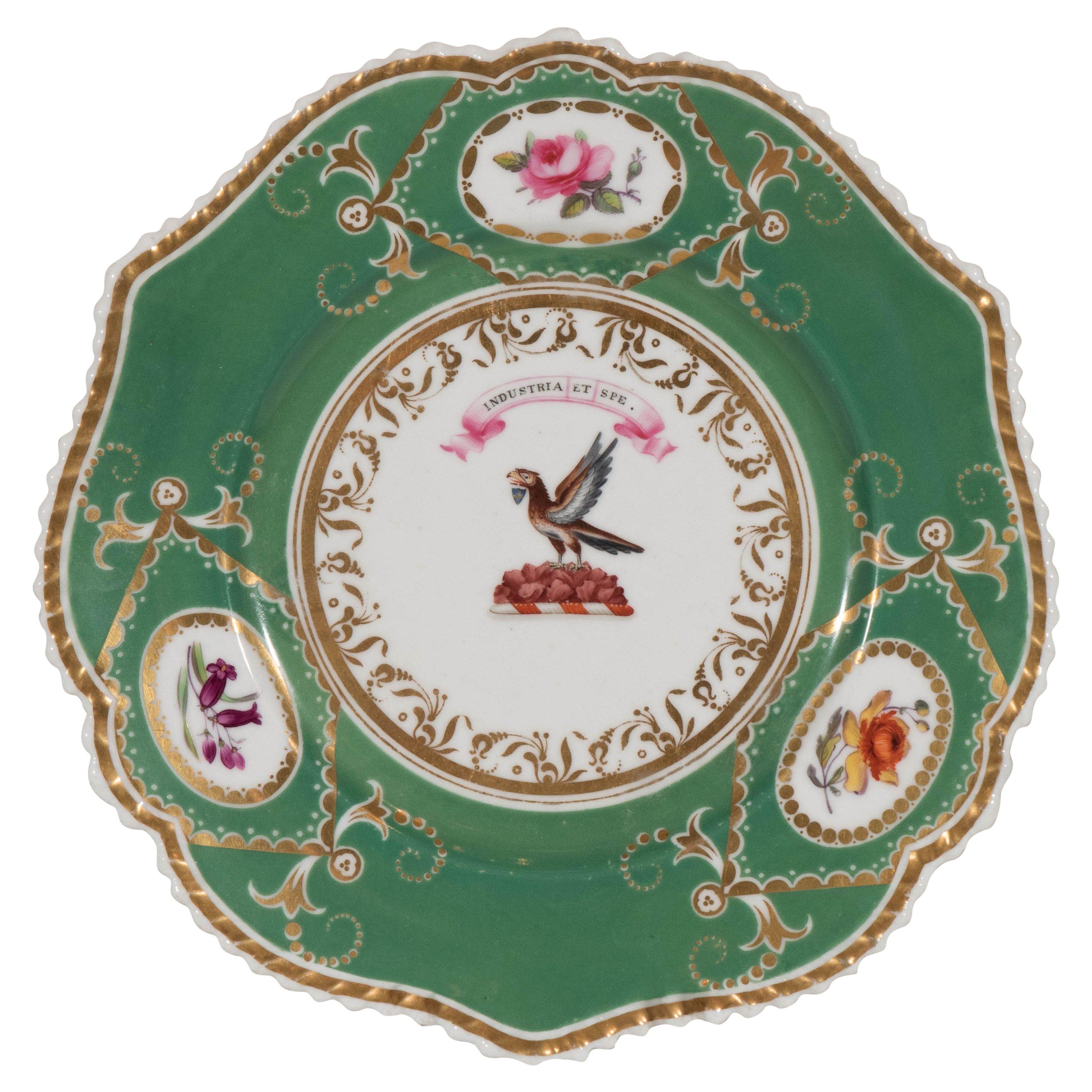  English Porcelain Armorial Plate Hand Painted Eagle Motto By Industry and Hope For Sale