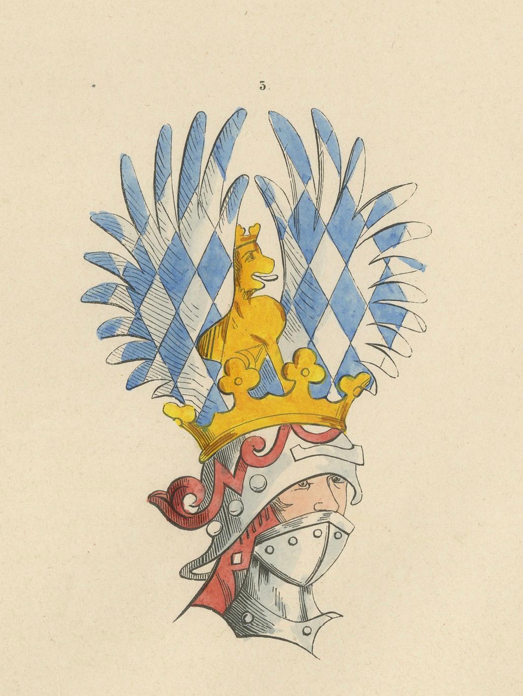 Armorial Elegance: Crests of Chivalry, Original Lithograph Published in 1847 In Good Condition For Sale In Langweer, NL