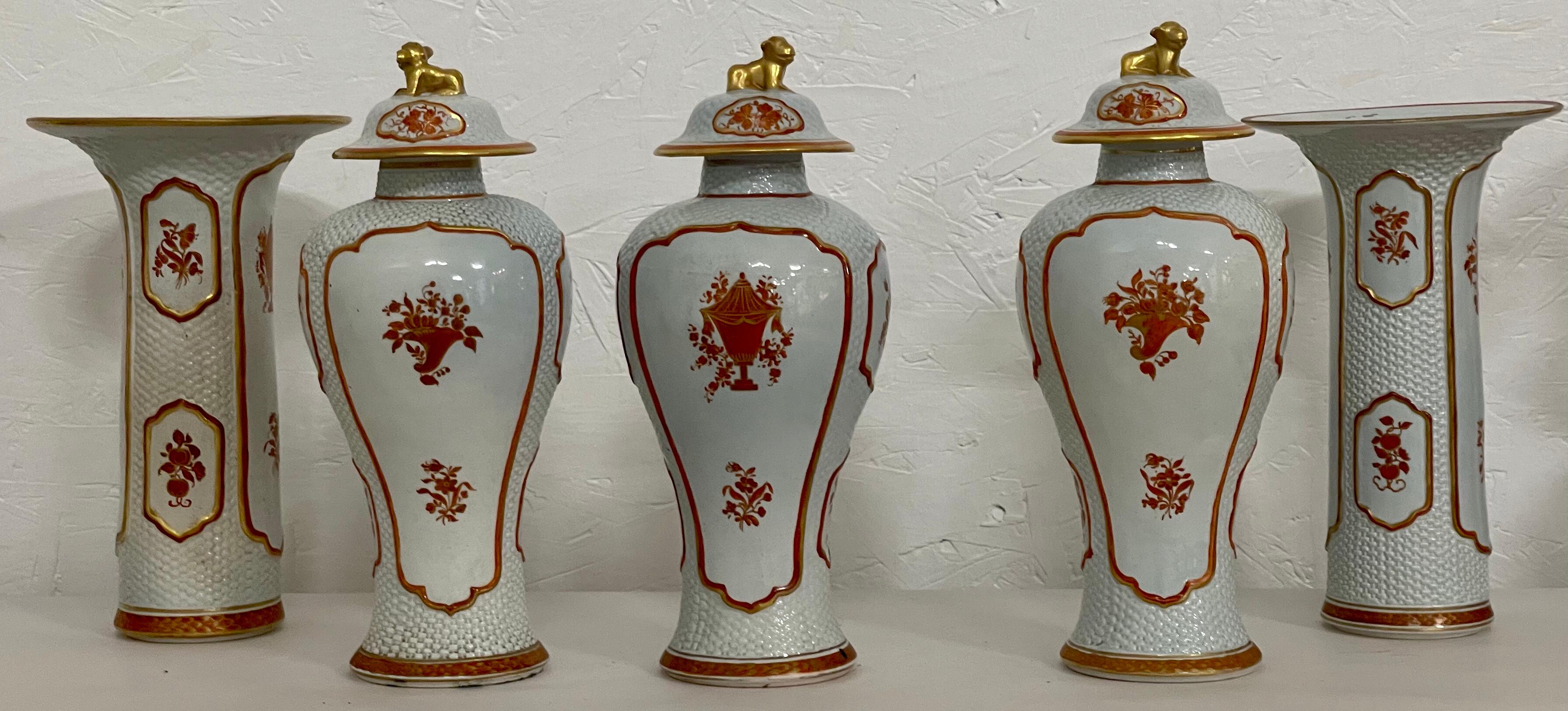 Chinese Export Armorial Garniture Set with Vases and Foo Dog Ginger Jars by Mottahedeh, S/5