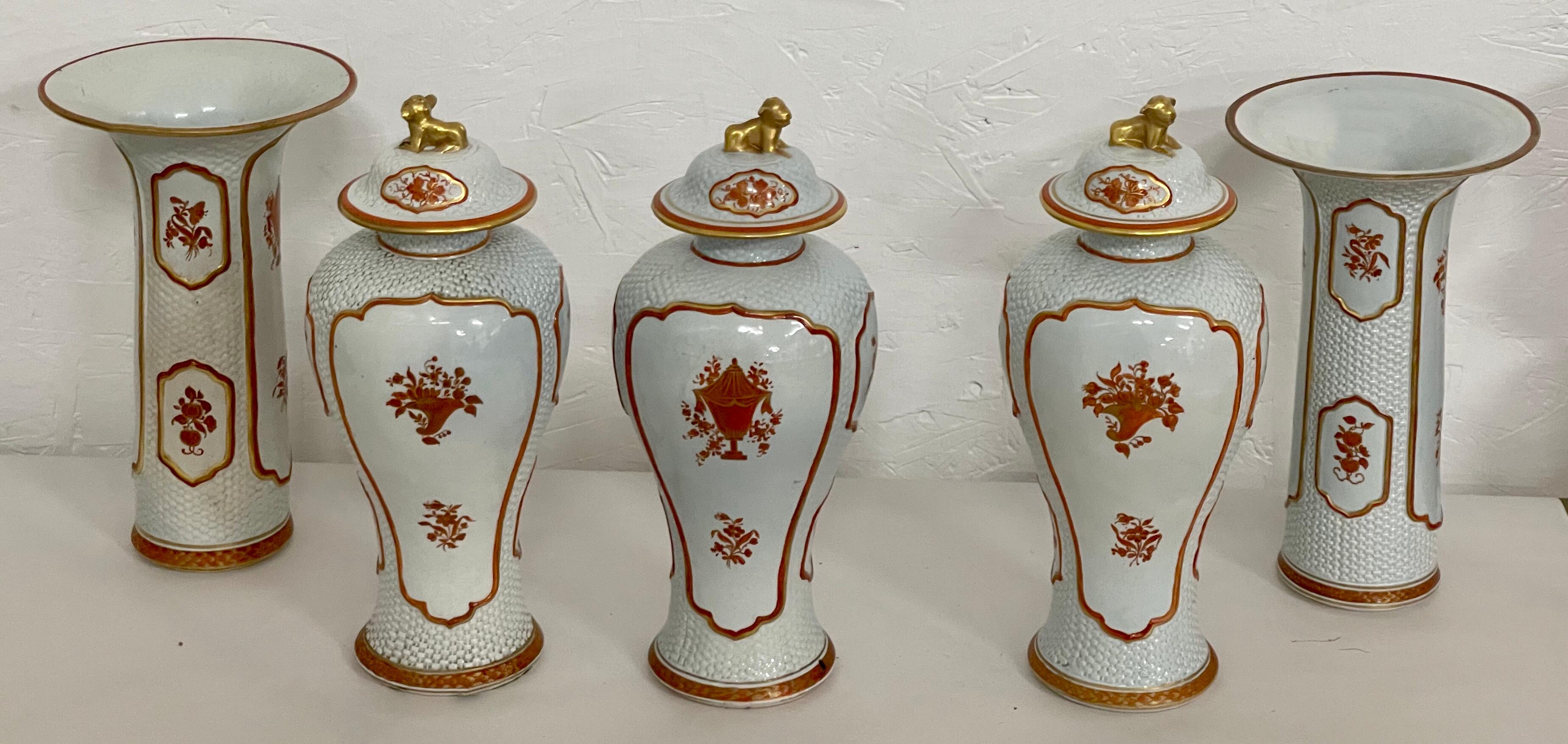 Italian Armorial Garniture Set with Vases and Foo Dog Ginger Jars by Mottahedeh, S/5