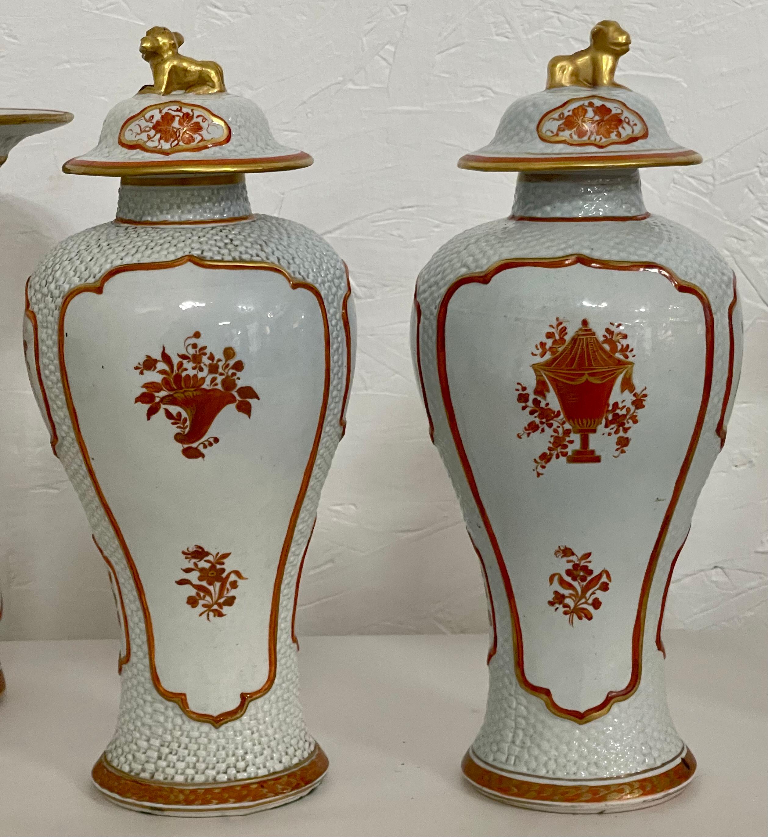 Pottery Armorial Garniture Set with Vases and Foo Dog Ginger Jars by Mottahedeh, S/5