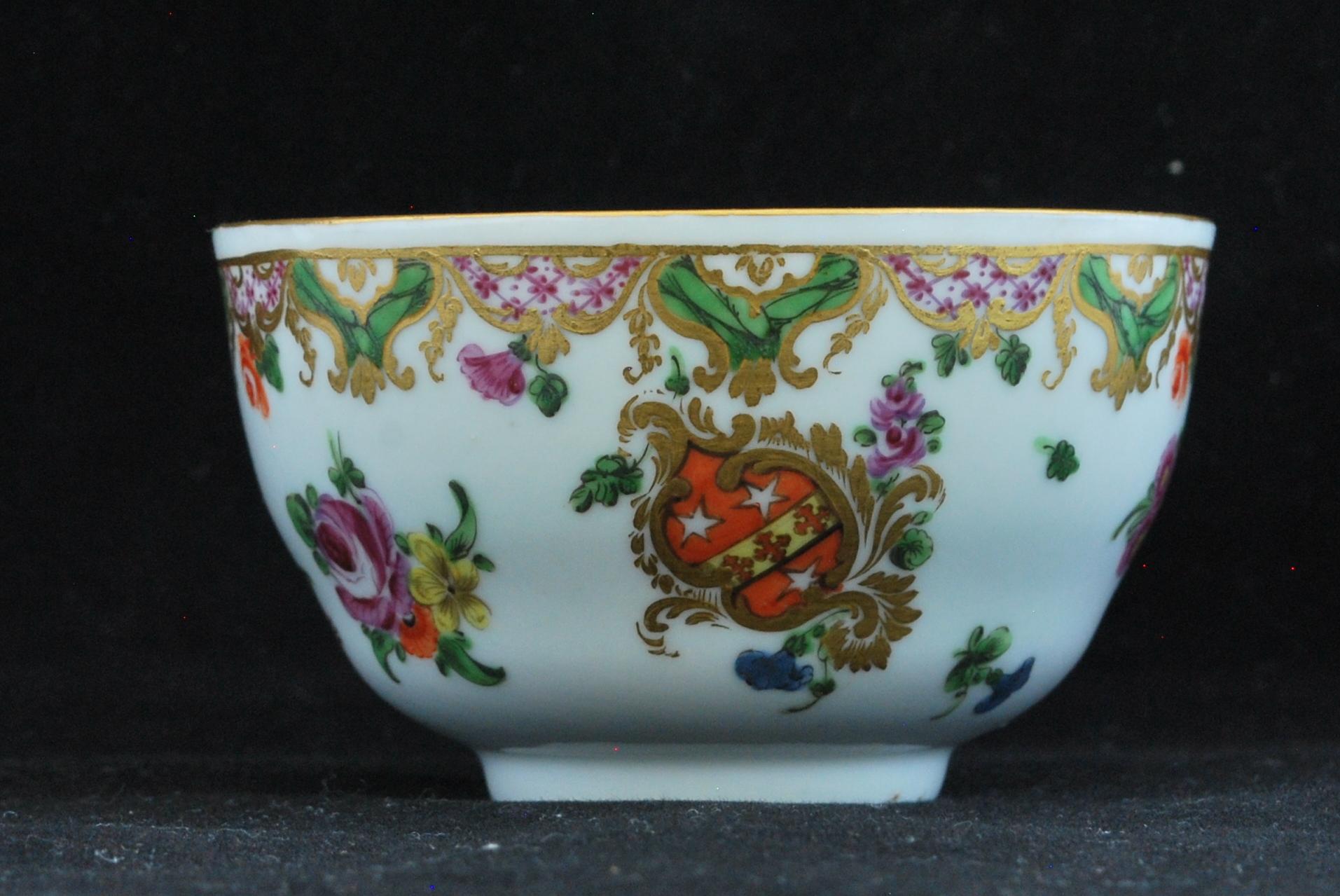 18th Century Armorial Tea Cup and Saucer from the Ludlow Service, Bristol, circa 1777 For Sale