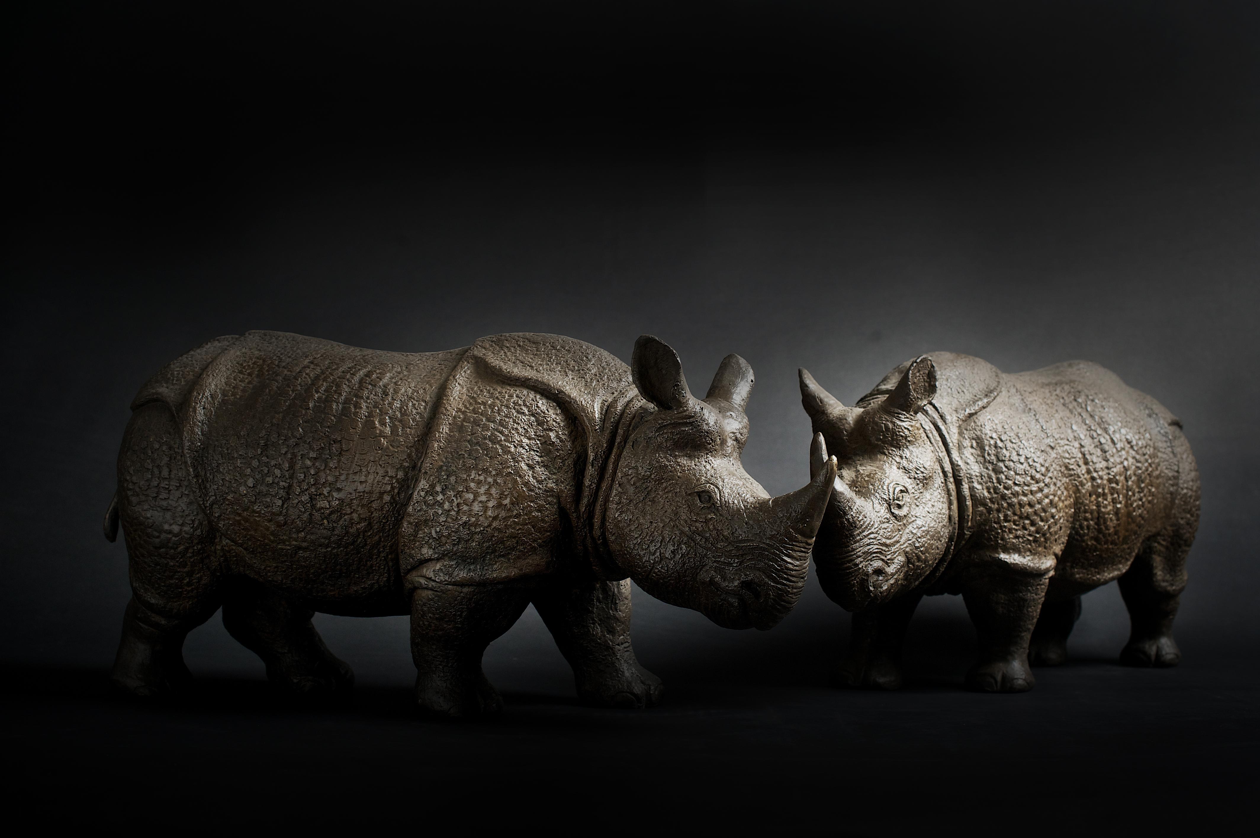 Moderne Sculpture d'armoiries rhinocéros en bronze coulé d'une paire par Elan Atelier en vente