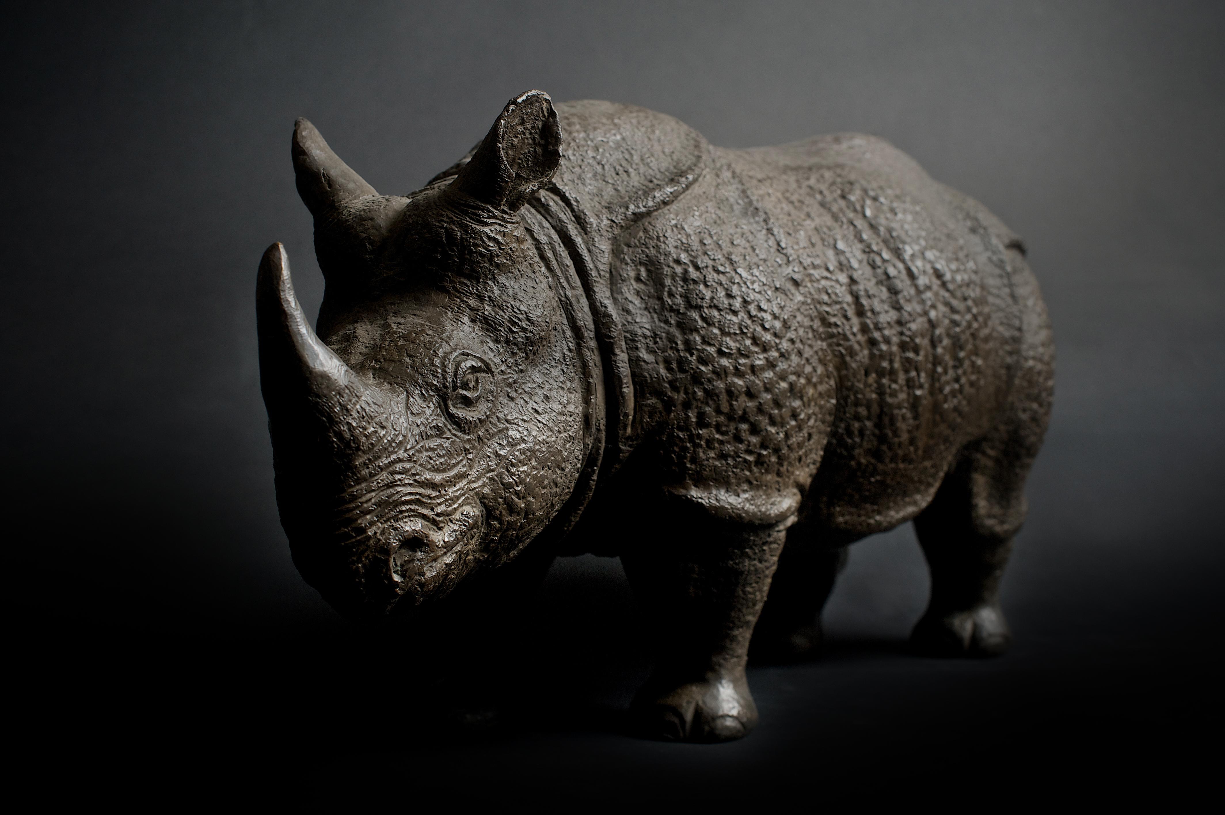 Inconnu Sculpture d'armoiries rhinocéros en bronze coulé d'une paire par Elan Atelier en vente