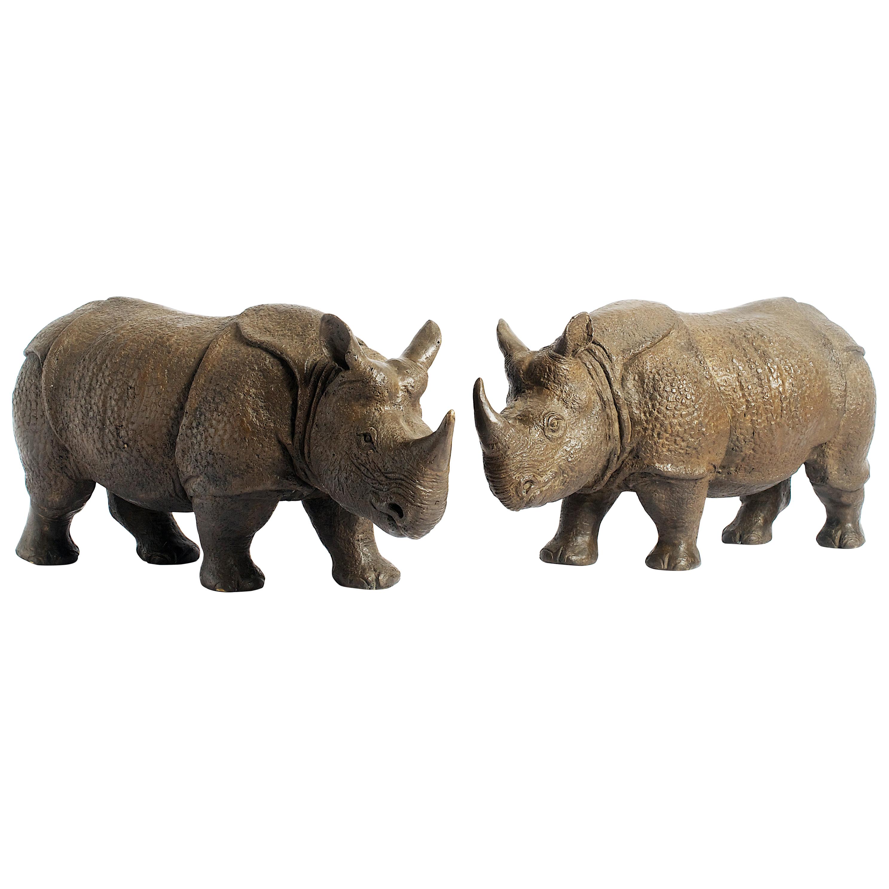 Armour Sculpture of Rhinoceros in Cast Bronze in a Pair by Elan Atelier For Sale