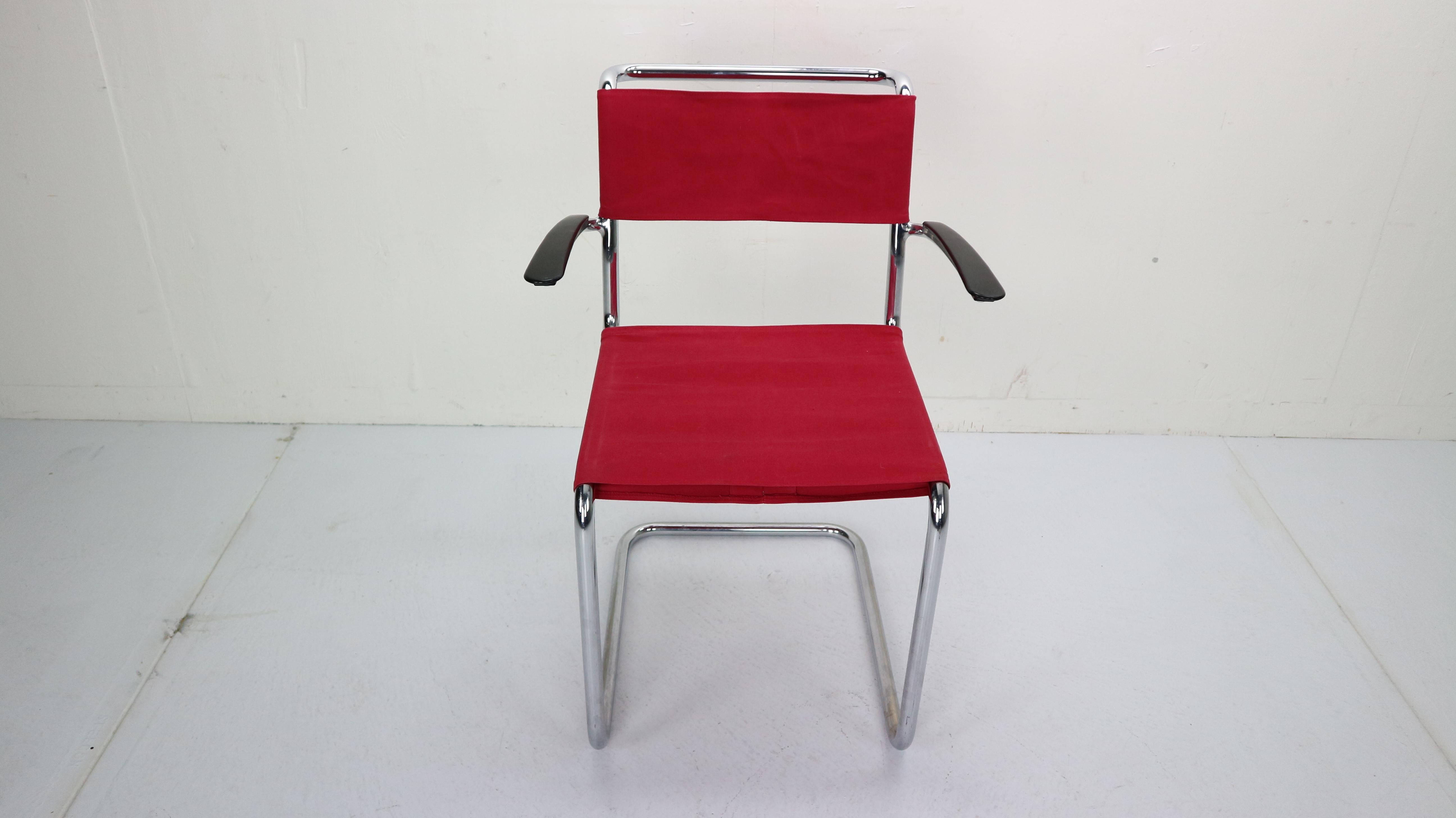Industrial Armrest Chair in Red Canvas No-204 by W.H. Gispen, for Gispen Culemborg, 1930s