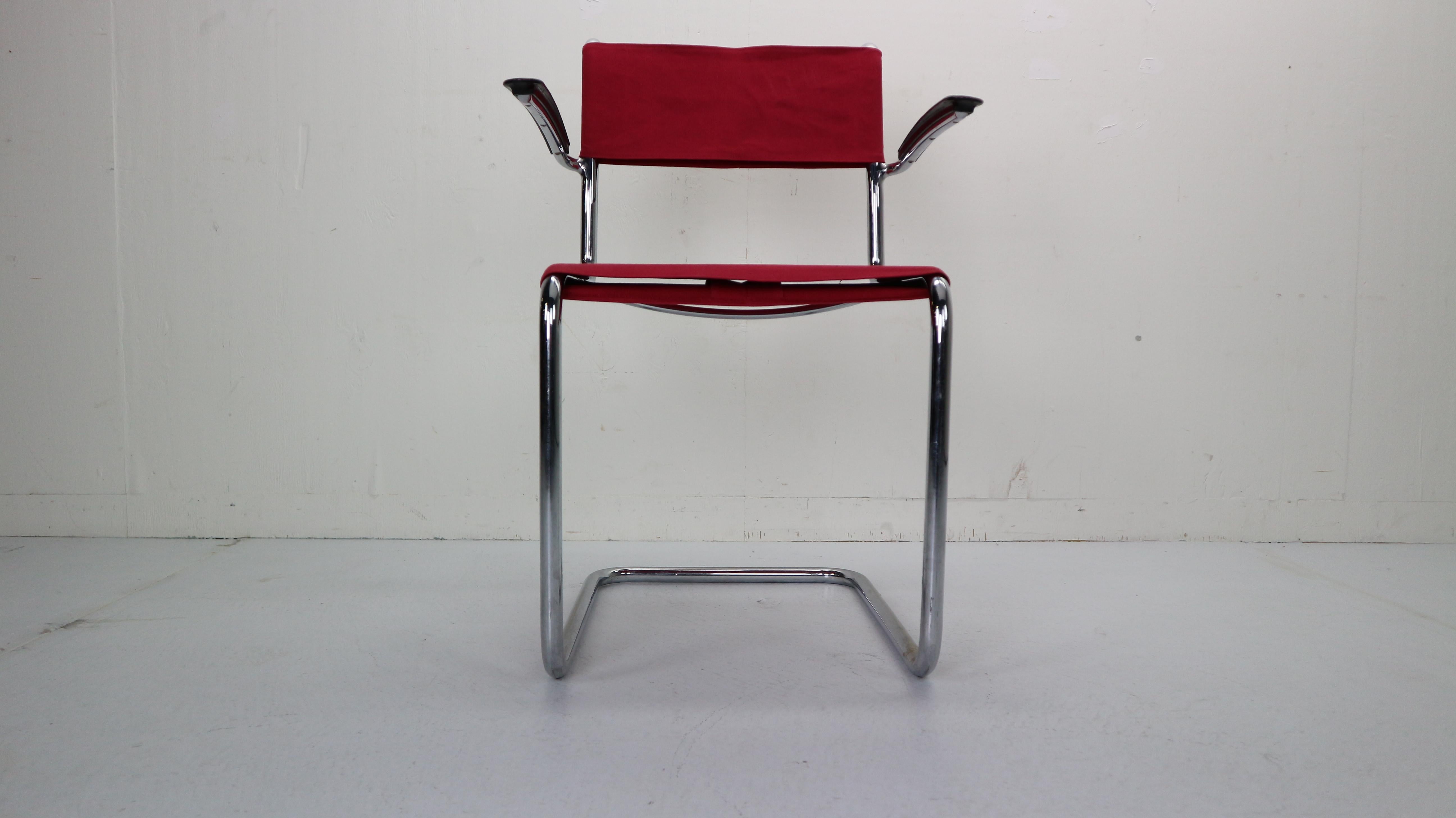 Dutch Armrest Chair in Red Canvas No-204 by W.H. Gispen, for Gispen Culemborg, 1930s