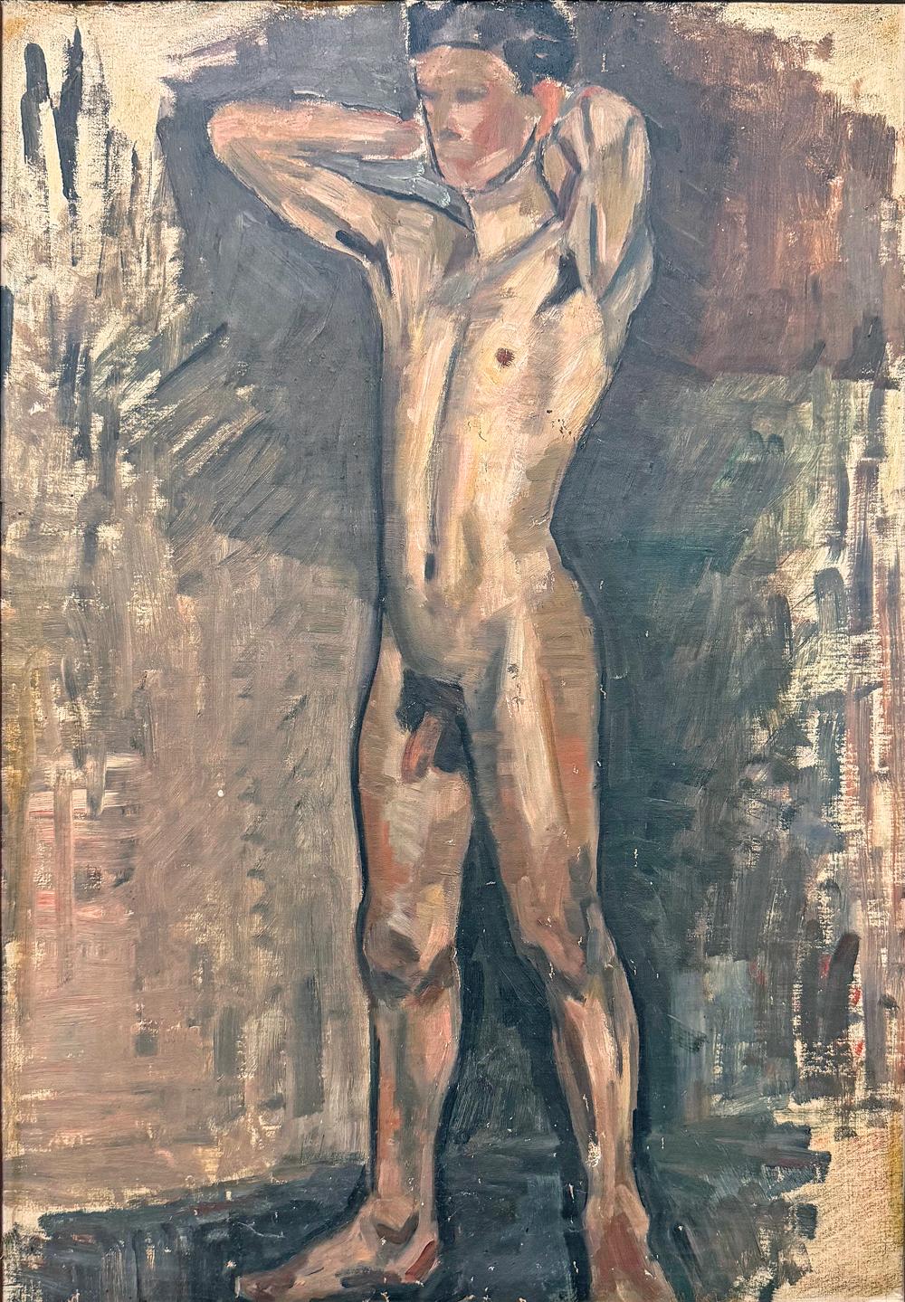 A striking combination of realism and abstraction, this portrait of a nude male youth with his arms behind his neck -- Stanley Christensen -- is beautifully expressed in tones of charcoal, ruddy brown and black.  The painter was Viggo Jarl, a Danish