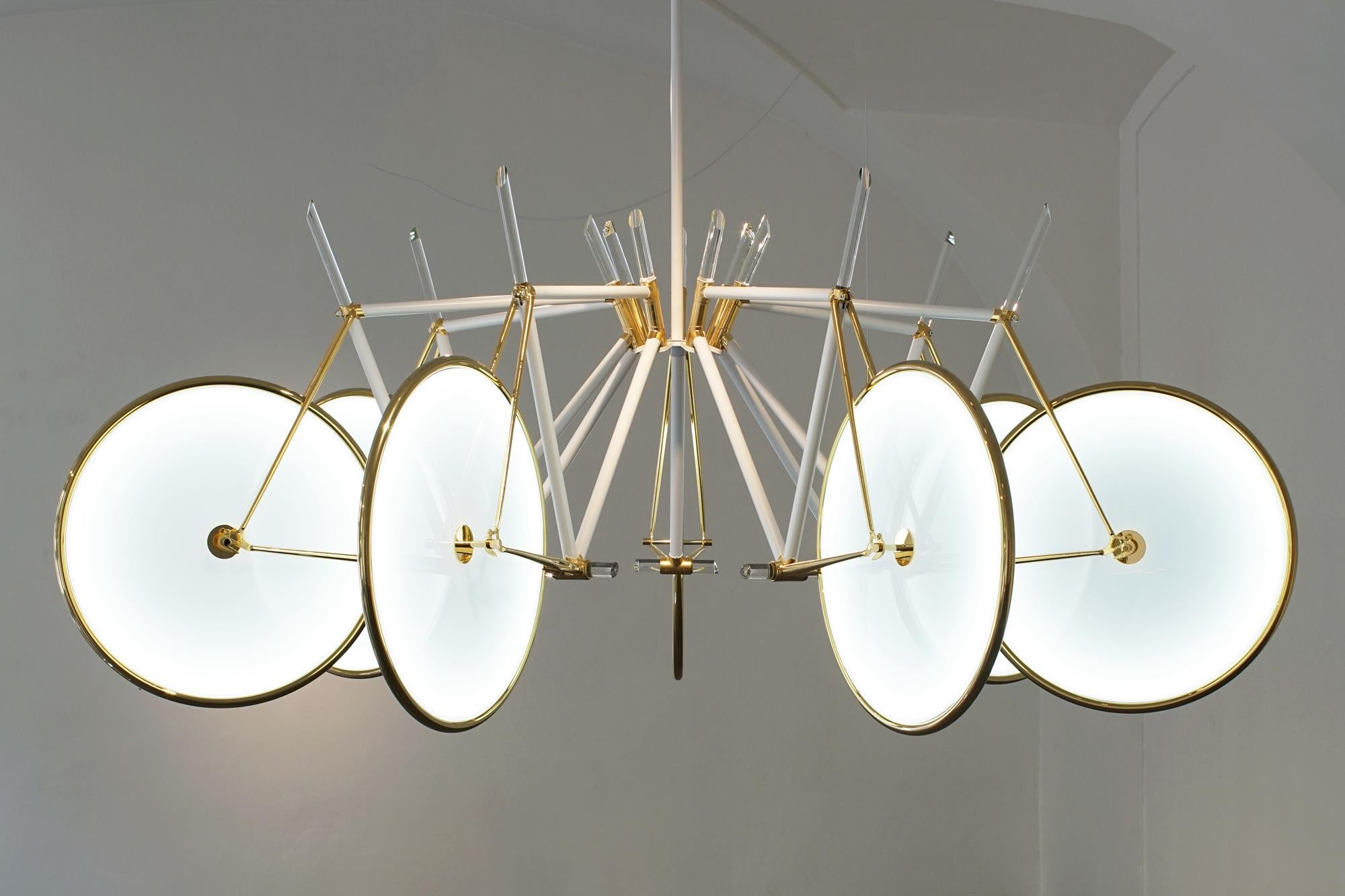 Armstrong chandelier by HG Atelier
Dimensions: D 260 x H 162 cm
Materials: White / black version with gold 24 karat

HG Atelier Design focuses on design and production of lights and lighted objects. We specialize in developing new lighting