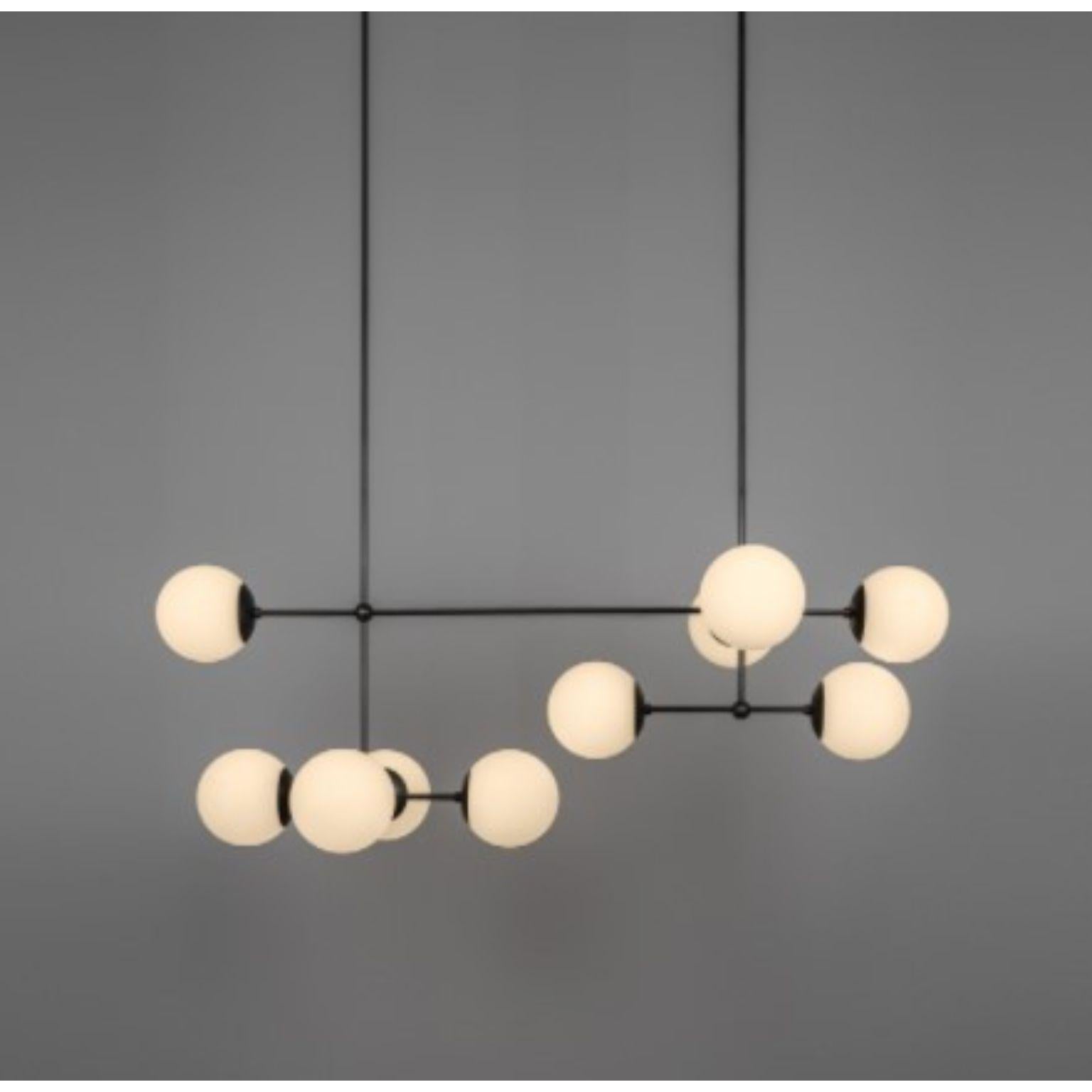 Armstrong linear chandelier by Schwung
Dimensions: D163.5 x H 163 cm
Materials: brass, opal glass
Weight: 16.8 kg

Finishes available: Black gunmetal, polished nickel, brass
Other sizes available.

 Schwung is a german word, and loosely