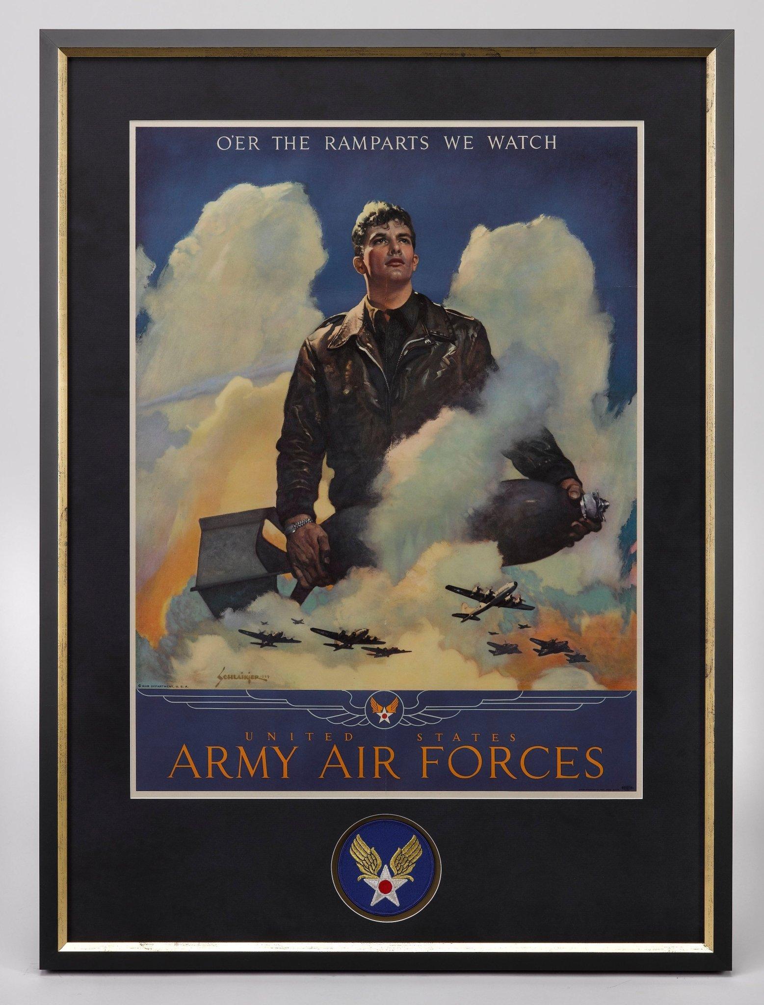 Offered is a vintage 1944 United States Army Air Force poster. Designed by Jes Schlaikjer, the design features an Army Air Force serviceman looking steadfastly towards the distance while some of the most impressive aircraft of the time fly amidst