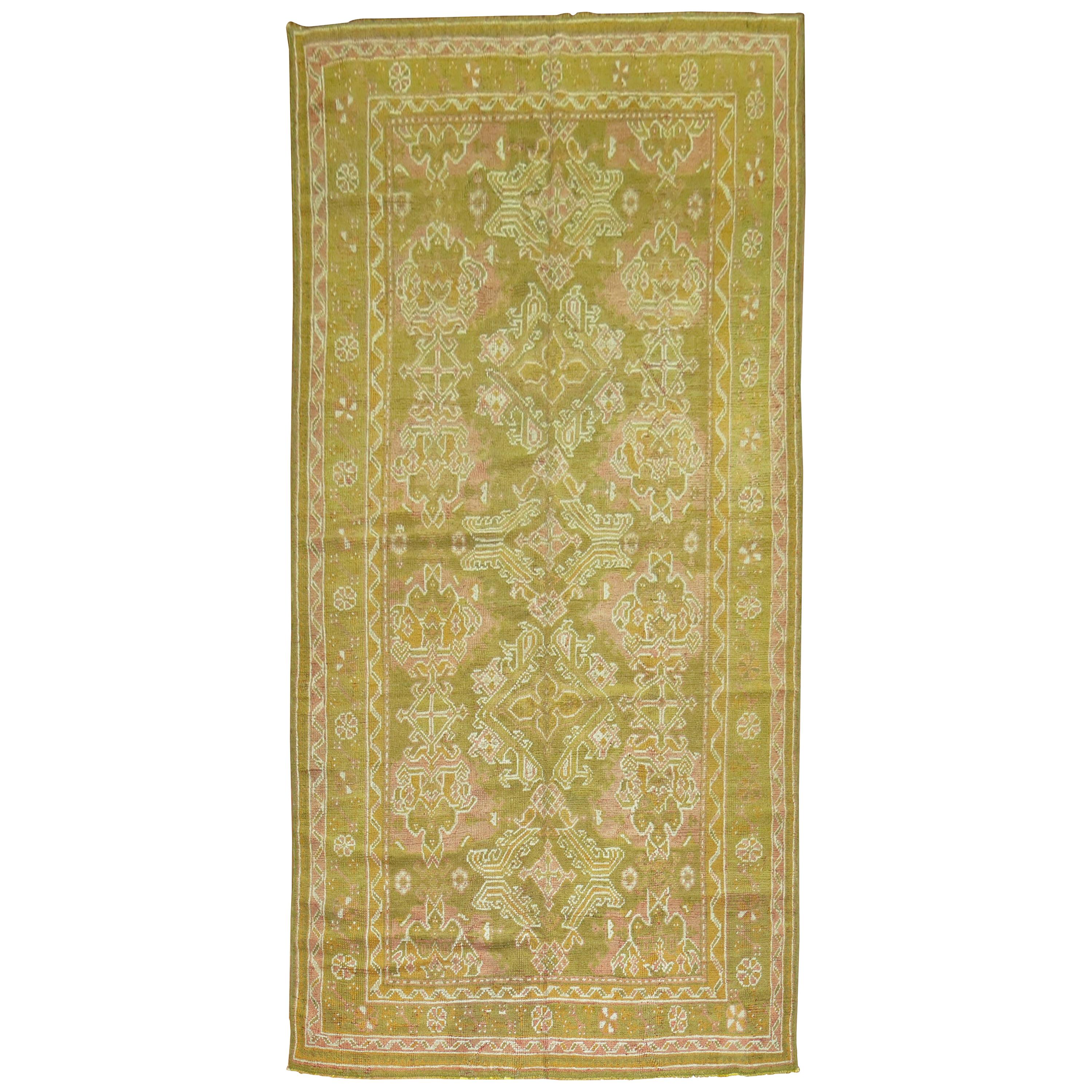 Army Green Pink Mustard Color Gallery Size Turkish Oushak Early 20th Century Rug For Sale
