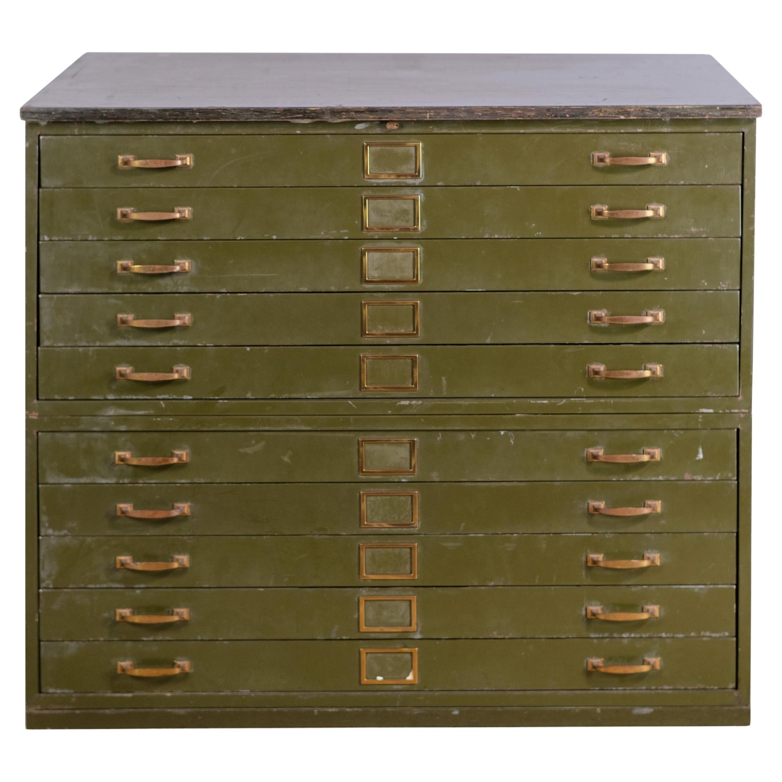 Army Green Stacking Flat or Map File Cabinet with Wood Top