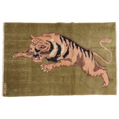 Army Green Tiger Pictorial Turkish 20th Century Wool Rug