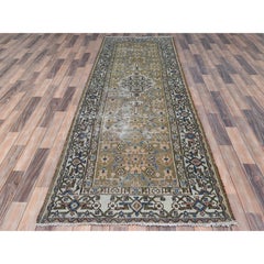 Army Green Worn Wool Hand Knotted Vintage Persian Hamadan Distressed Runner Rug