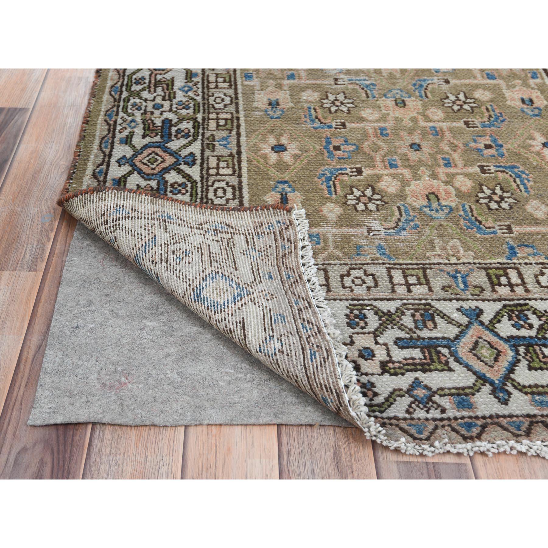 Medieval Army Green Worn Wool Hand Knotted Vintage Persian Hamadan Distressed Runner Rug For Sale
