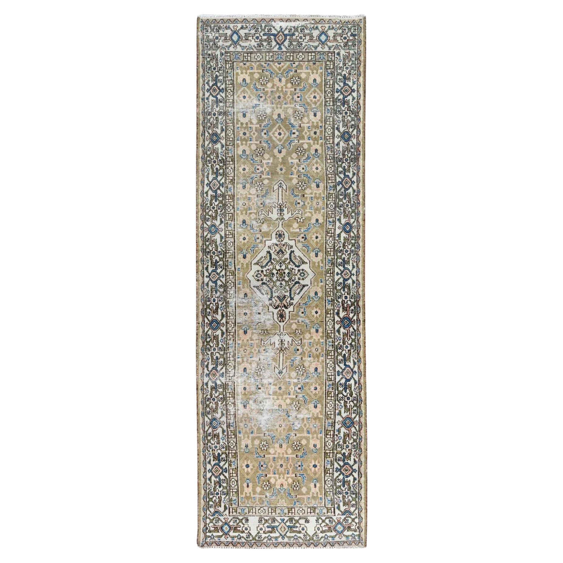 Army Green Worn Wool Hand Knotted Vintage Persian Hamadan Distressed Runner Rug For Sale