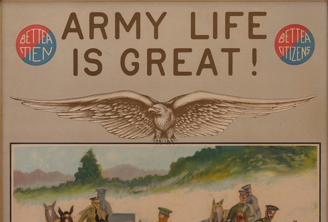 This postwar poster was designed by H. R. Davis in the 1920s. Depicting six US soldiers galloping with nine horses, the scene evokes a sense of excitement in the viewer as the horses’ hooves step past the frame. Just above an eagle with spread wings