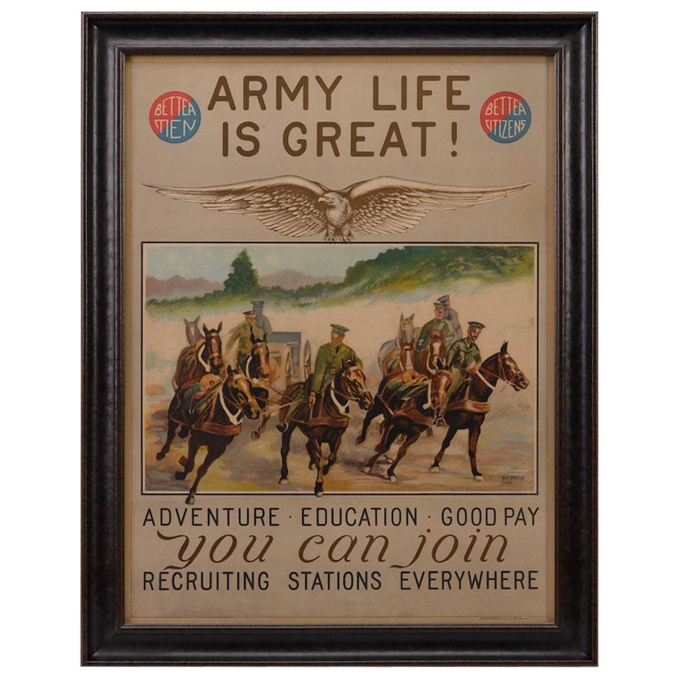 U.S. Army Antique Recruitment Poster, "Army Life is Great" by H.R. Davis, 1920s
