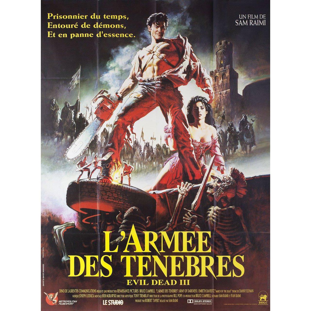 Original 1993 French grande poster by John Bolton for the first French theatrical release of the film Army of Darkness directed by Sam Raimi with Bruce Campbell / Embeth Davidtz / Marcus Gilbert / Ian Abercrombie. Very Good-Fine condition, folded.