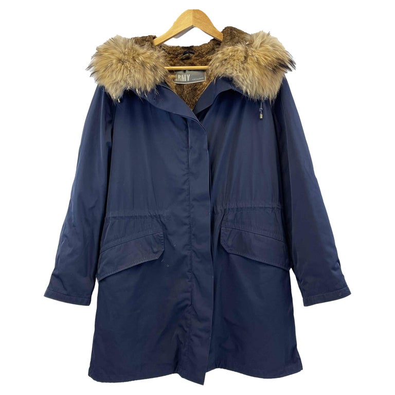 Army Yves Salomon Removable Fur Lined Parka with Hood Navy Blue 36 US XS /  4 at 1stDibs